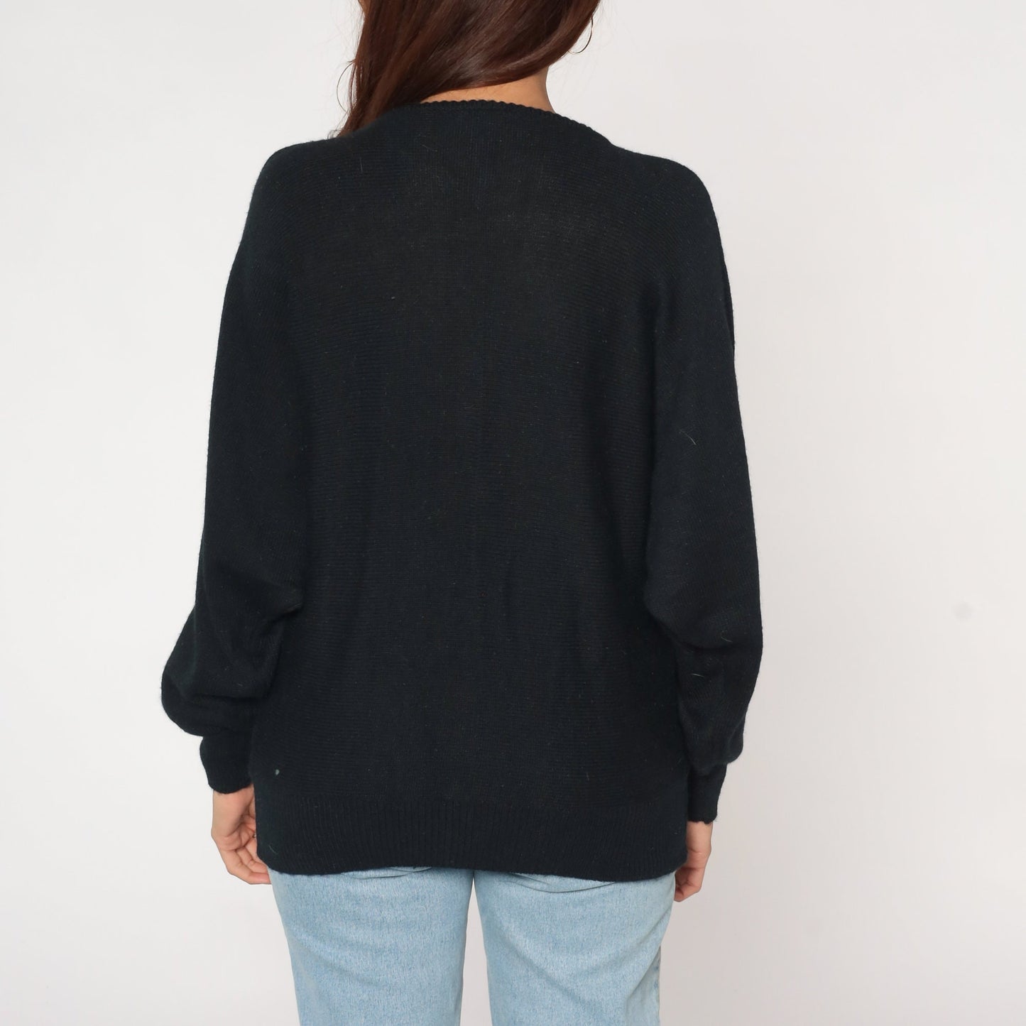 80s Black Beaded Knit Sweater Batwing Dolman Sleeve Pullover Small Medium