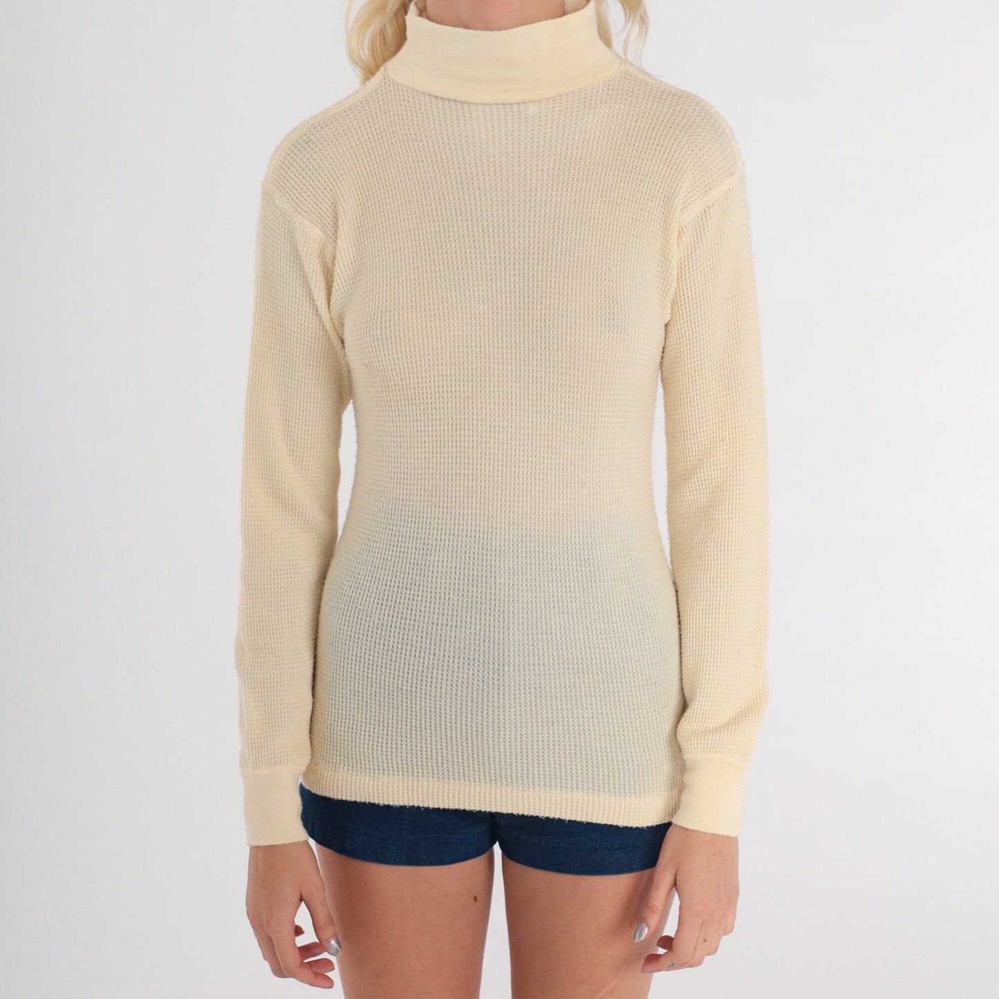 80s Cream Waffle Knit Thermal Mock Neck Long Sleeve Shirt Small