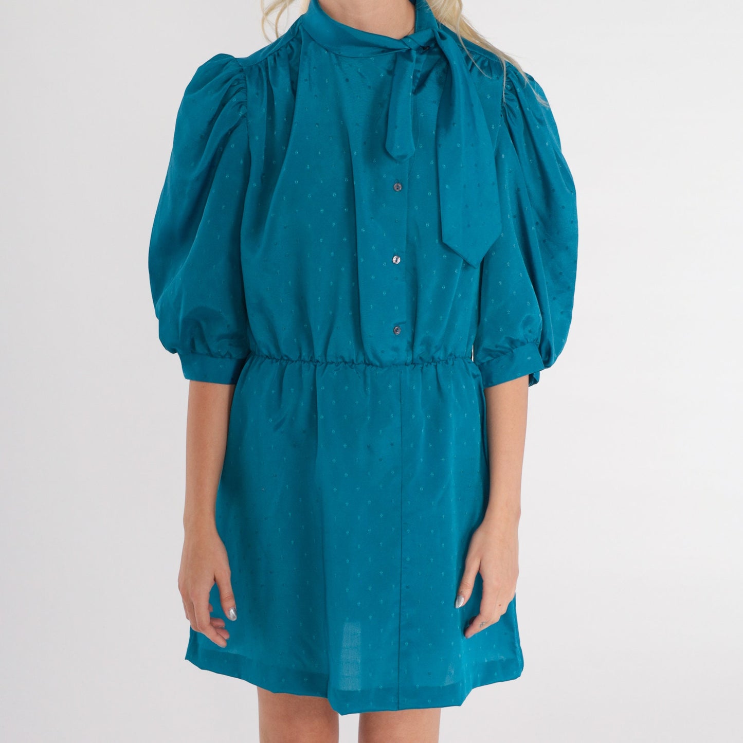 80s Blue Mini Shirtdress Puff Sleeve Ascot Tie Neck Button Up Medium