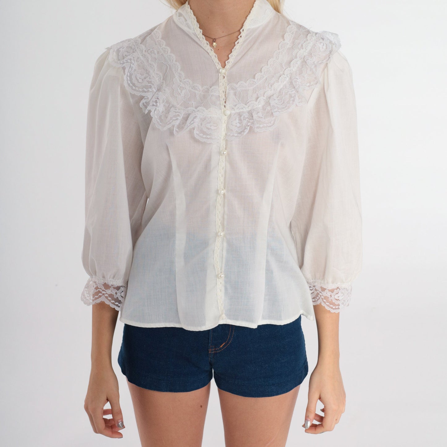 80s White Victorian Blouse Lace Bib Tuxedo Puff Sleeve Button-Up Medium