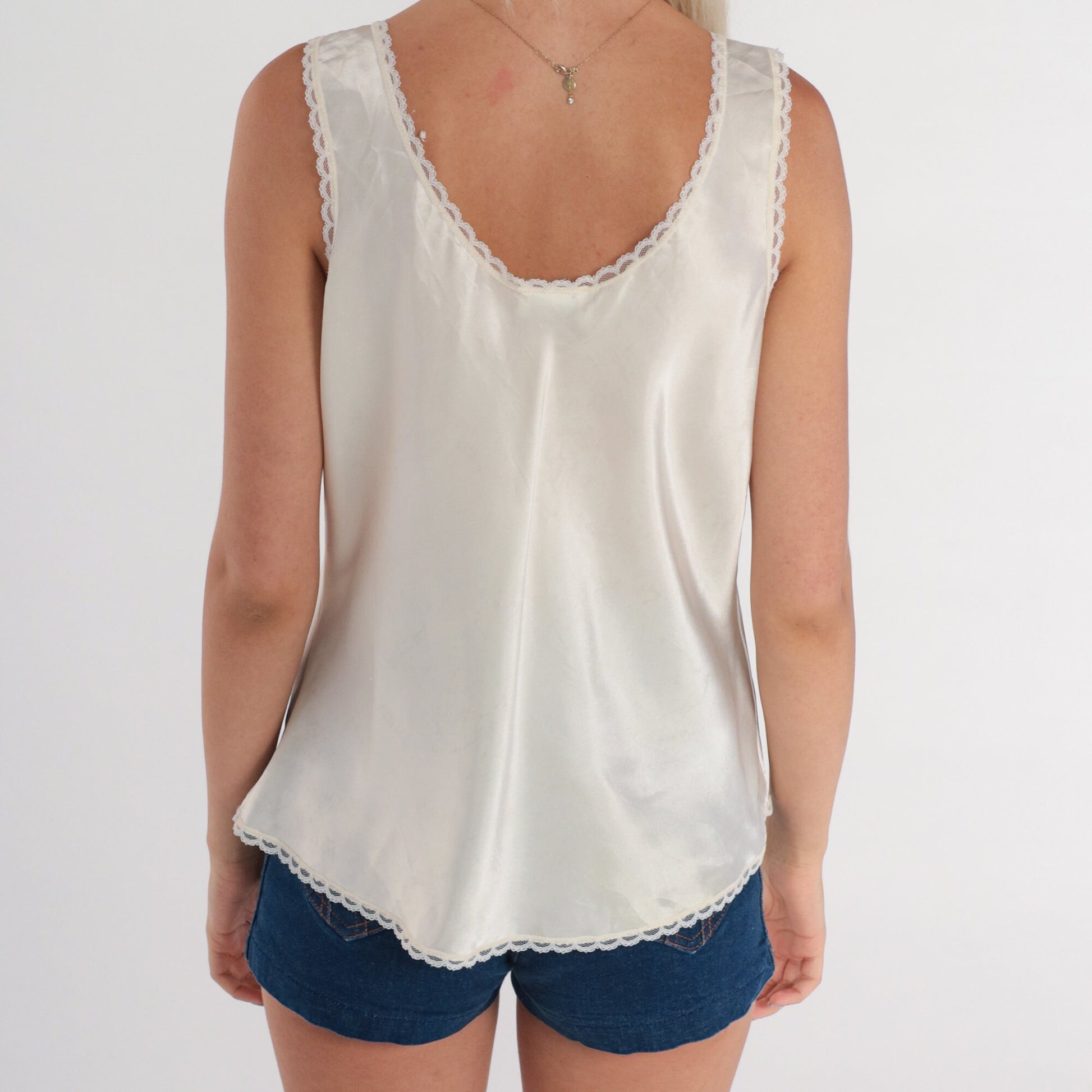 90s White Camisole Floral Applique Neckline Sleeveless Tank Large L