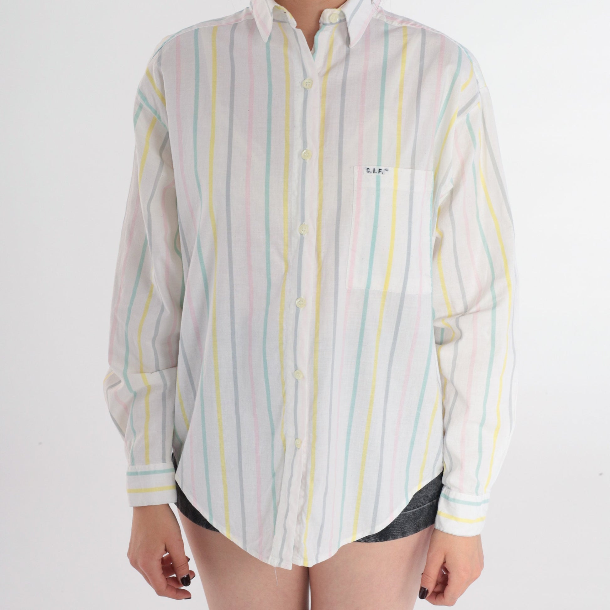90s C.I.F Pastel Striped Cotton Button-Up Blouse White Long Sleeve Medium