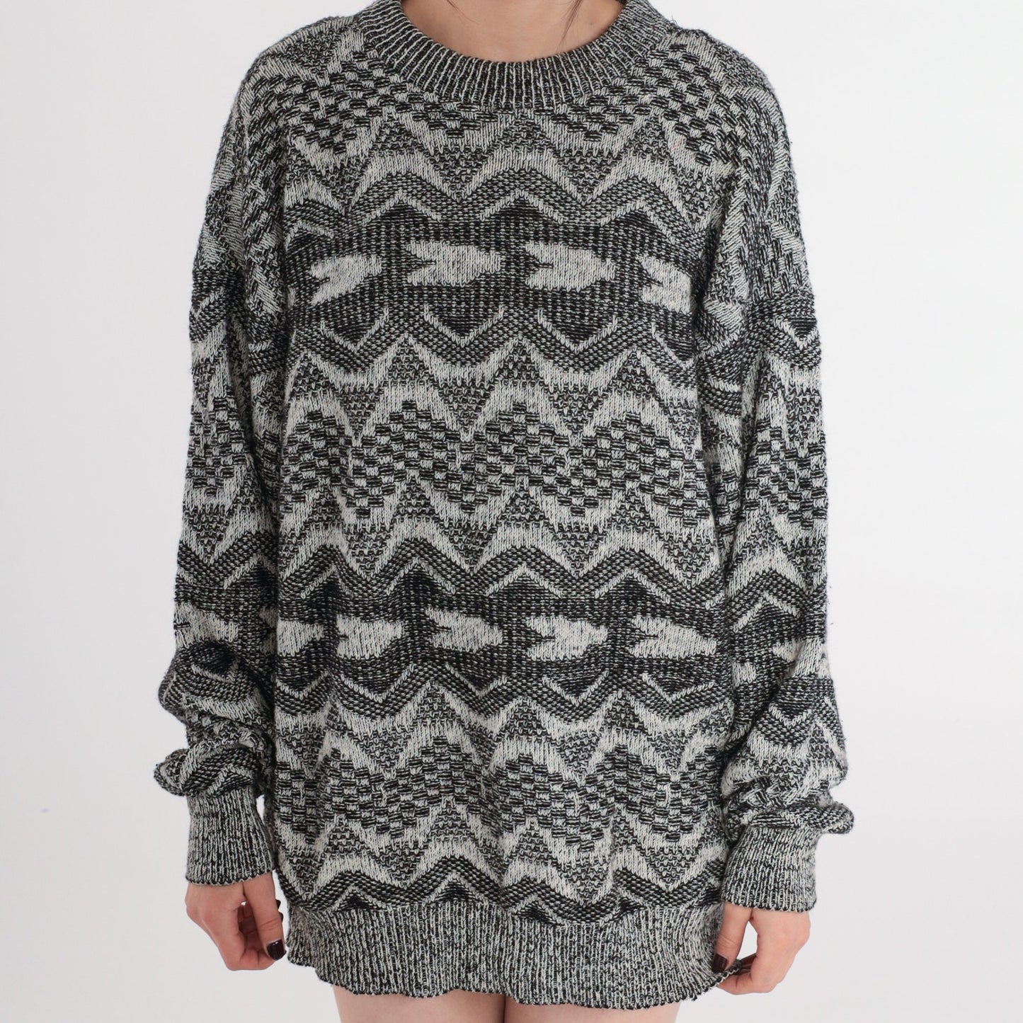 90s Geometric Triangle Wool Blend Sweater Crewneck Pullover Grey Large