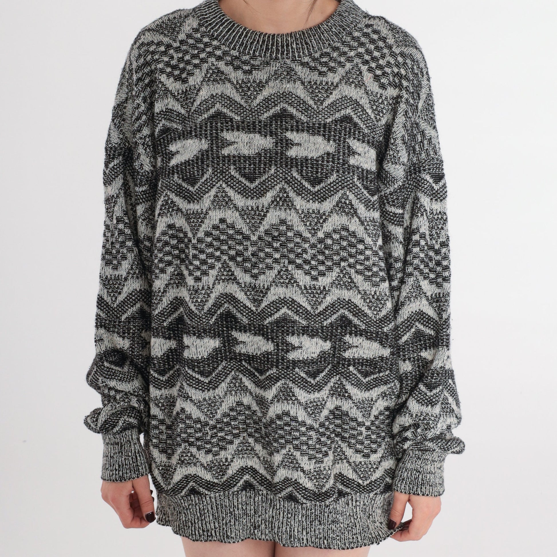 90s Geometric Triangle Wool Blend Sweater Crewneck Pullover Grey Large