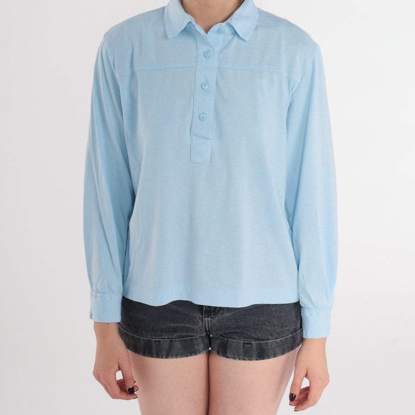 90s Baby Blue Long Sleeve Collared Shirt Cotton Blend Petite Medium