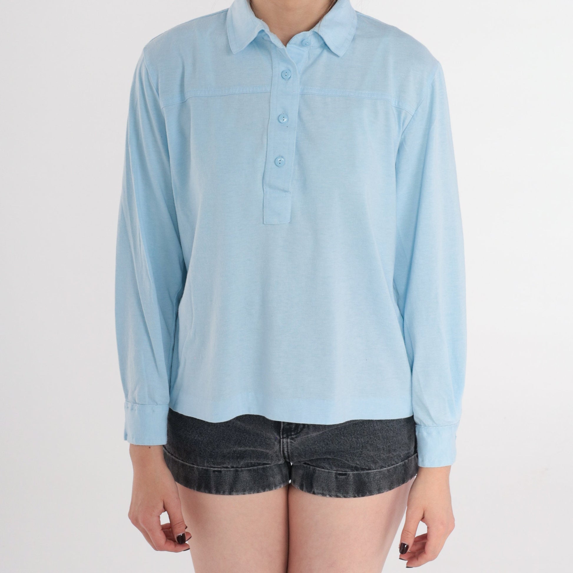 90s Baby Blue Long Sleeve Collared Shirt Cotton Blend Petite Medium