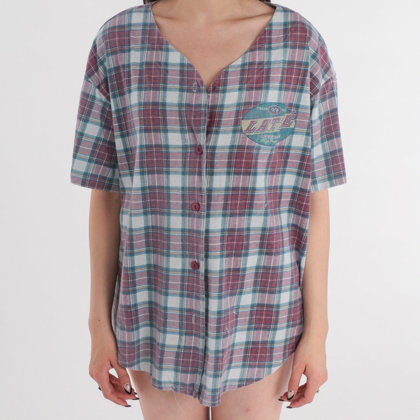 90s Latte Sport Plaid Button Up Shirt Short Sleeve Large L