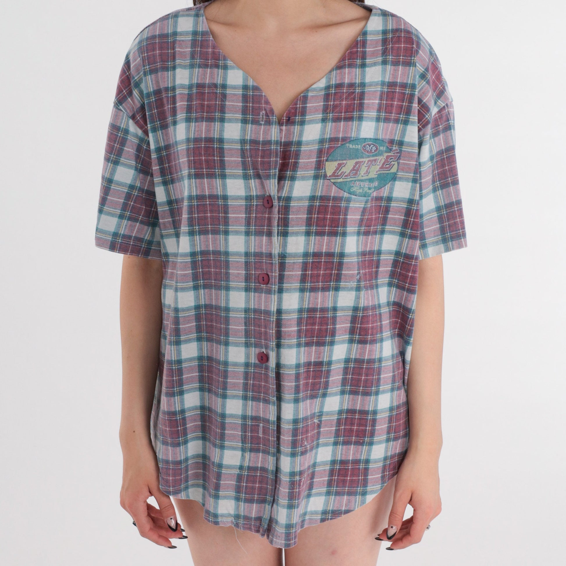 90s Latte Sport Plaid Button Up Shirt Short Sleeve Large L