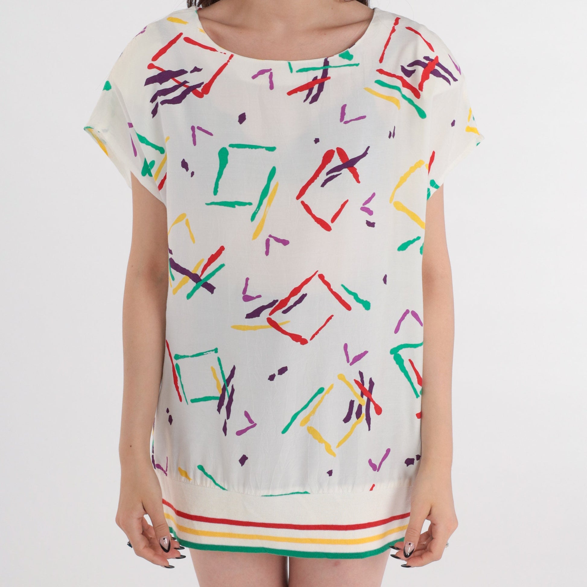 80s Campus Casuals Tunic Top Abstract Geometric Square Print White Extra Large