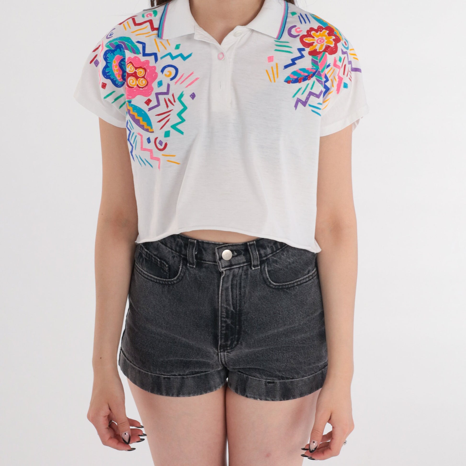 90s Lily's Floral Polo Crop Top White Abstract Print Collared Small