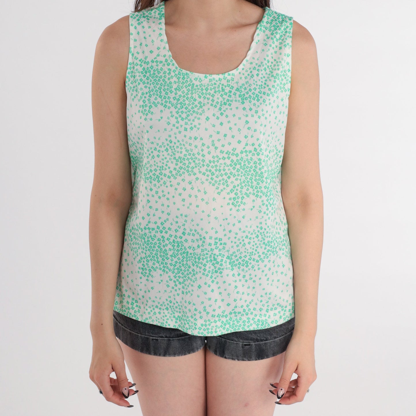 70s Ditsy Floral Tank Top White Green Sleeveless Blouse Large L