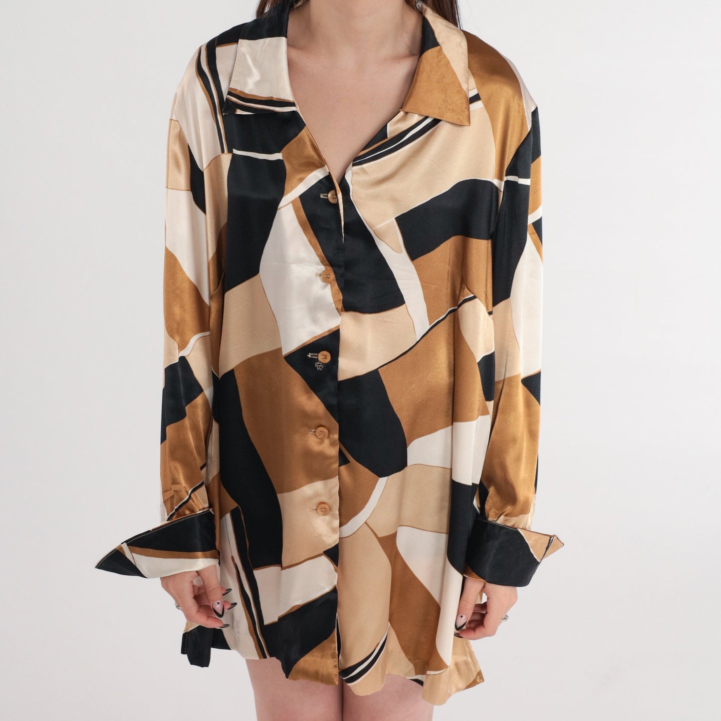 Y2K Abstract Print Button-Up Blouse Long Sleeve Brown Black Cream Extra Large