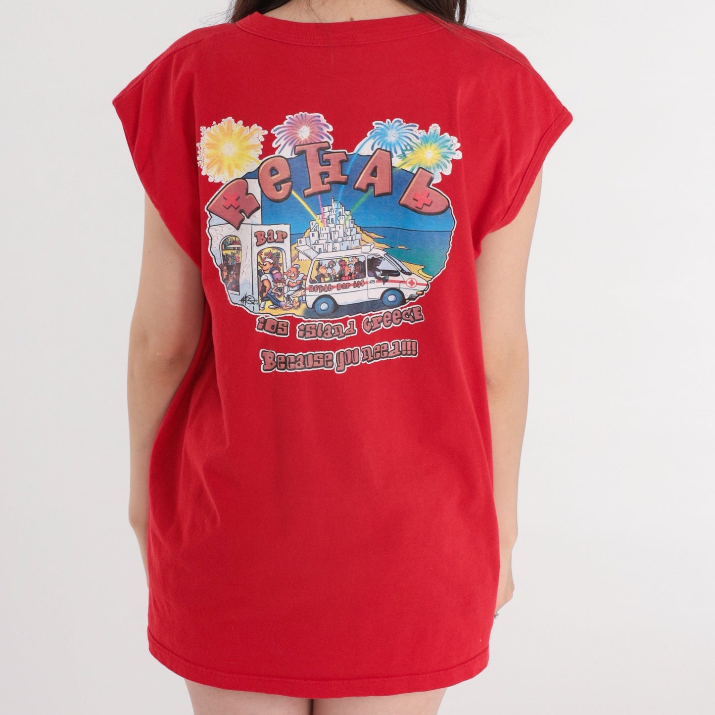 00s Rehab Bar Ios Island Greece Muscle Tank Top Red Graphic Large L