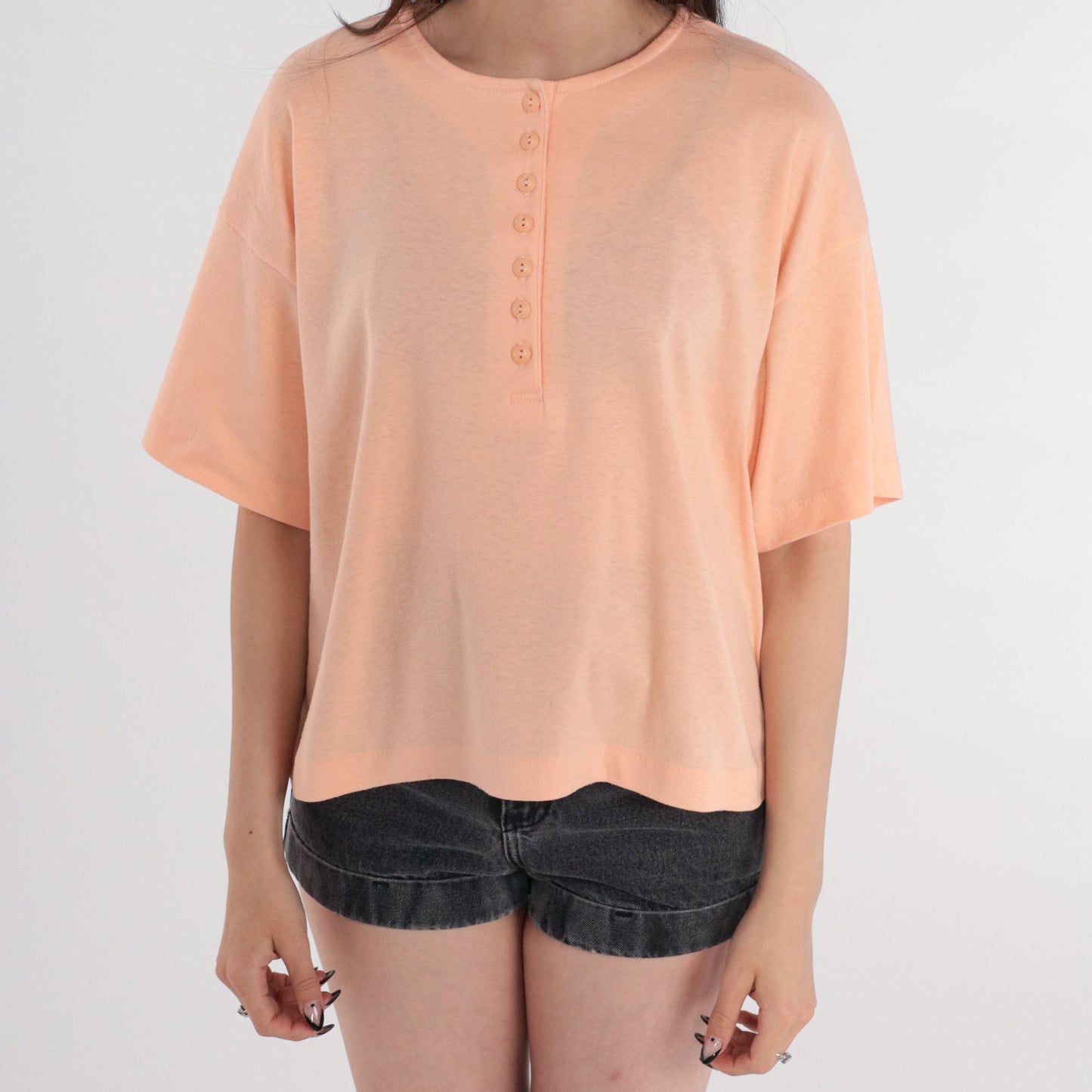 80s Catalina Peach Henley T-Shirt Cotton Single Stitch Medium