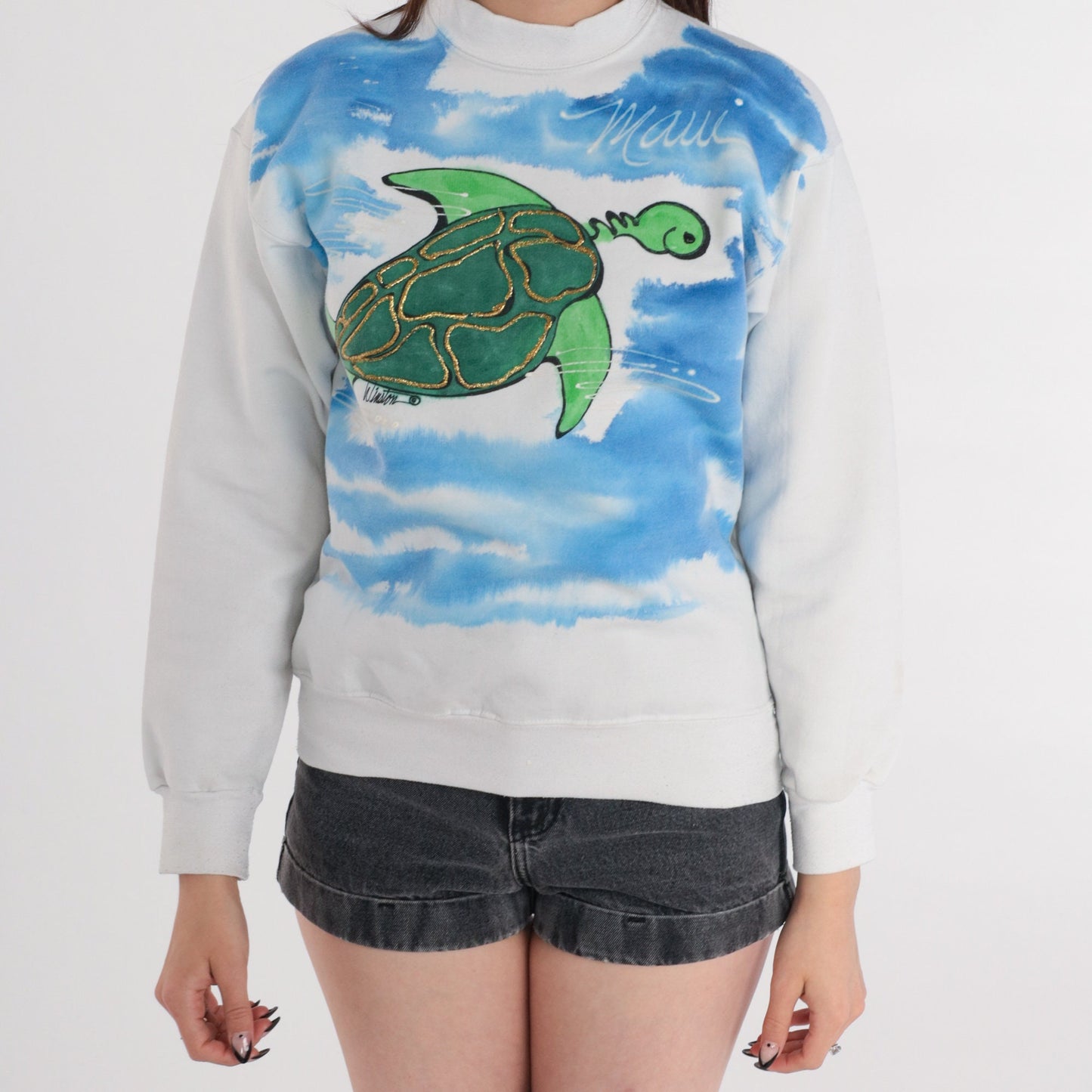 90s Maui Turtle Airbrushed Glitter Sweatshirt White Mockneck Extra Small XS