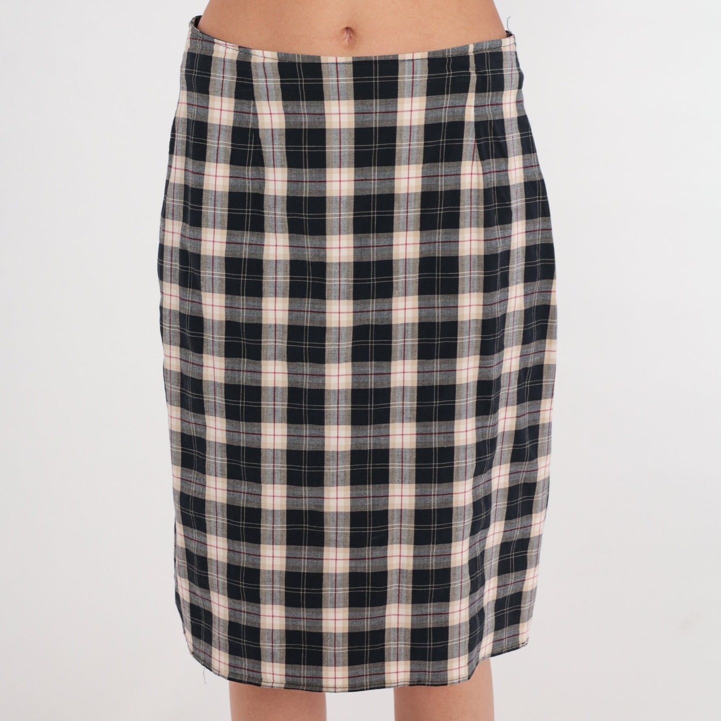 90s Checkered Mini Skirt Black Tan High Waist Pencil Skirt Medium