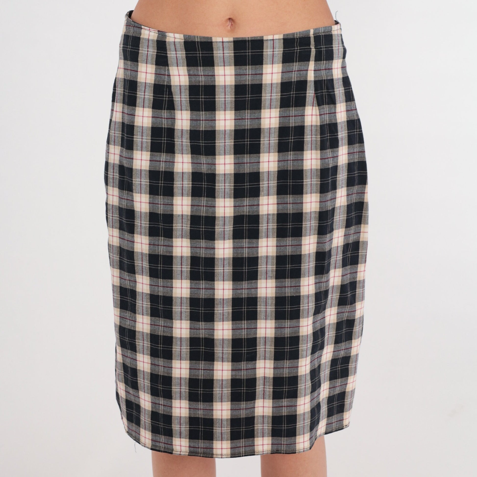 90s Checkered Mini Skirt Black Tan High Waist Pencil Skirt Medium