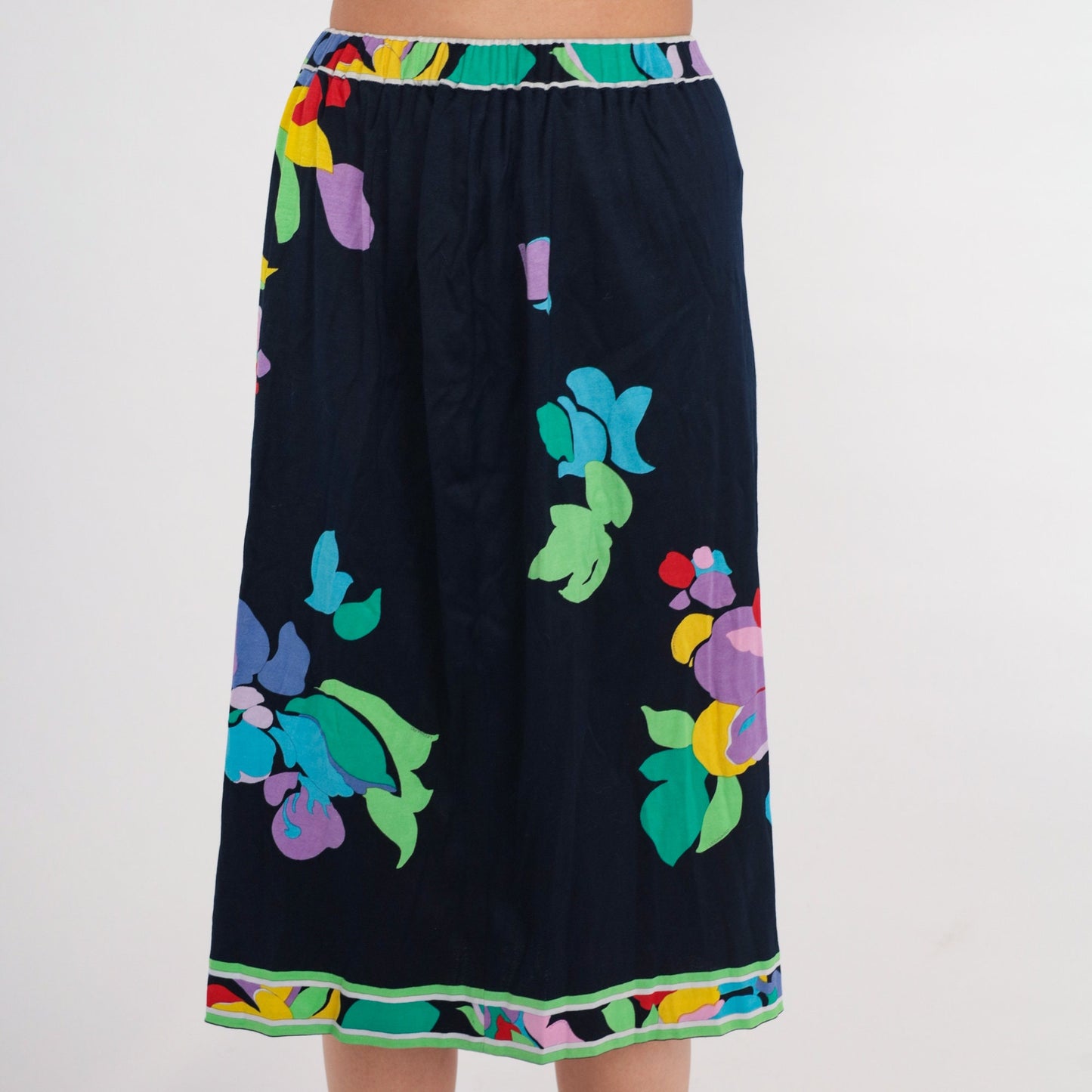 70s Leonard Floral Midi Skirt Navy High Waist Cotton Small