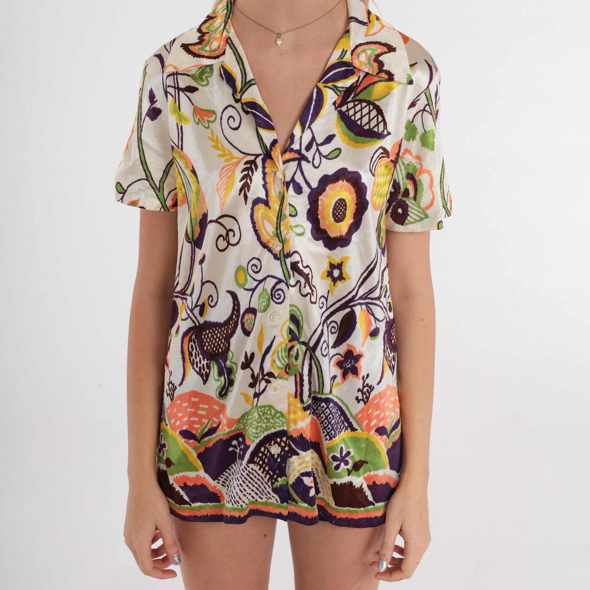 70s Psychedelic Floral Button-Up Blouse Short Sleeve White Purple Medium