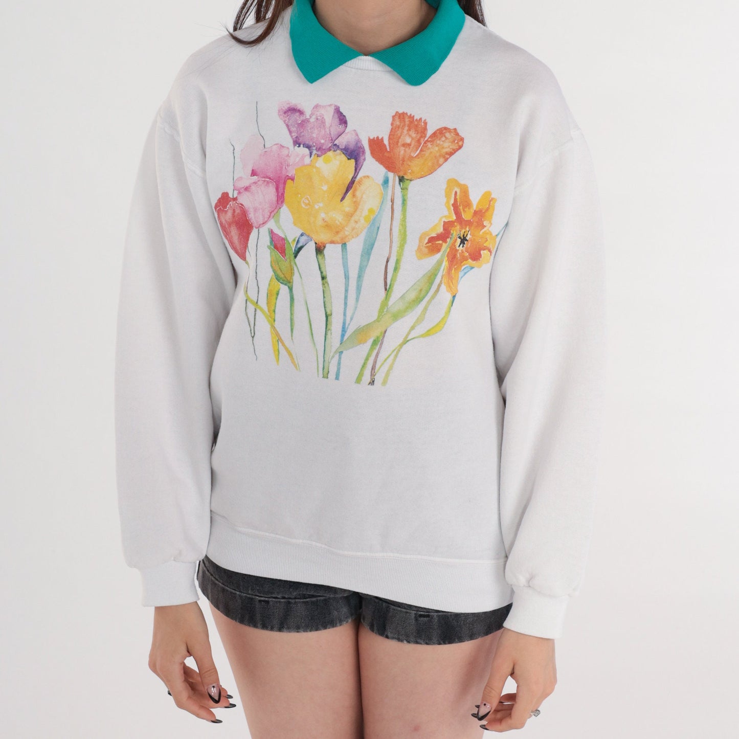 00s Jerzees Watercolor Floral Sweatshirt White Green Collar Medium