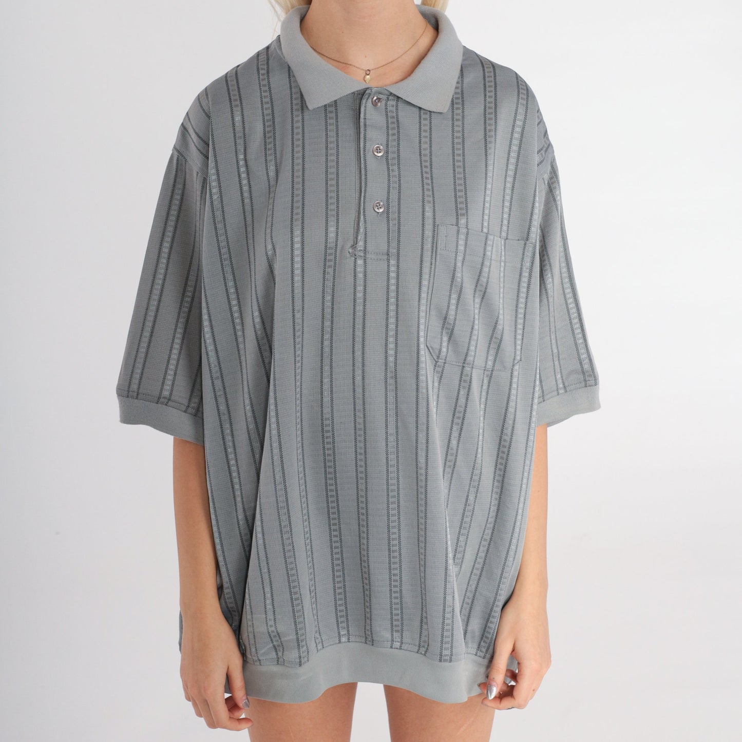 80s Grey Striped Polo Shirt Half Button Short Sleeve Men's Extra Large XL