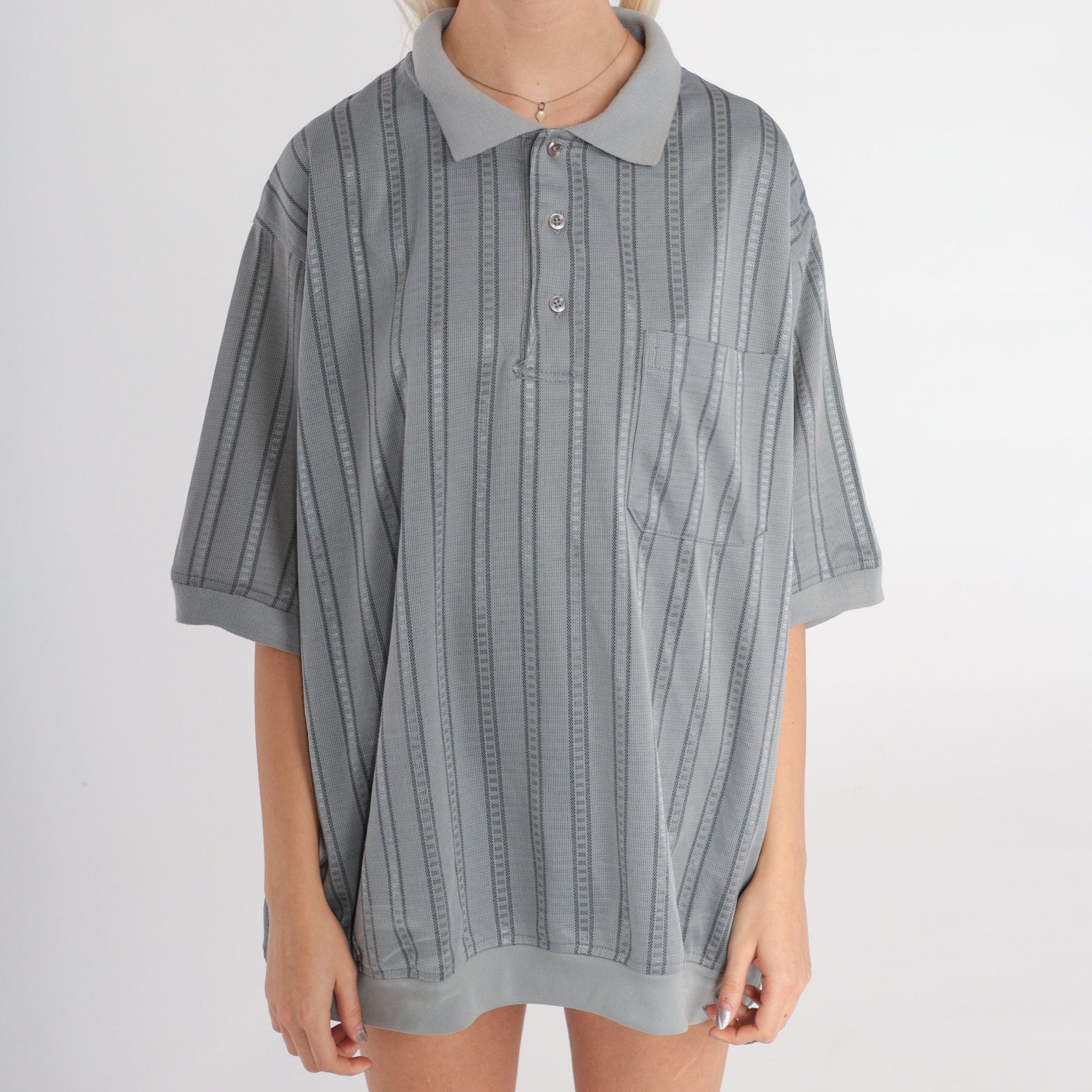 80s Grey Striped Polo Shirt Half Button Short Sleeve Men's Extra Large XL