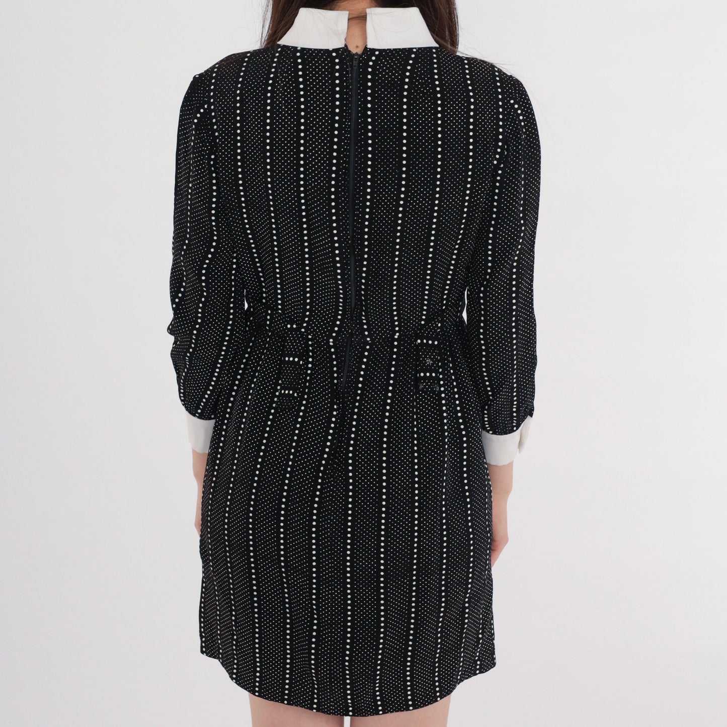 60s Lanz Originals Mod Mini Dress Black White Dot Ascot Tie Small