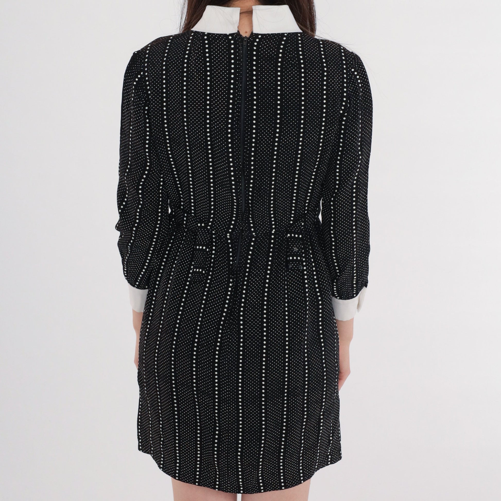 60s Lanz Originals Mod Mini Dress Black White Dot Ascot Tie Small