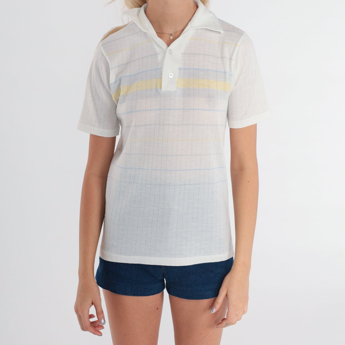 70s Striped Polo Shirt White Baby Blue Pastel Yellow Small