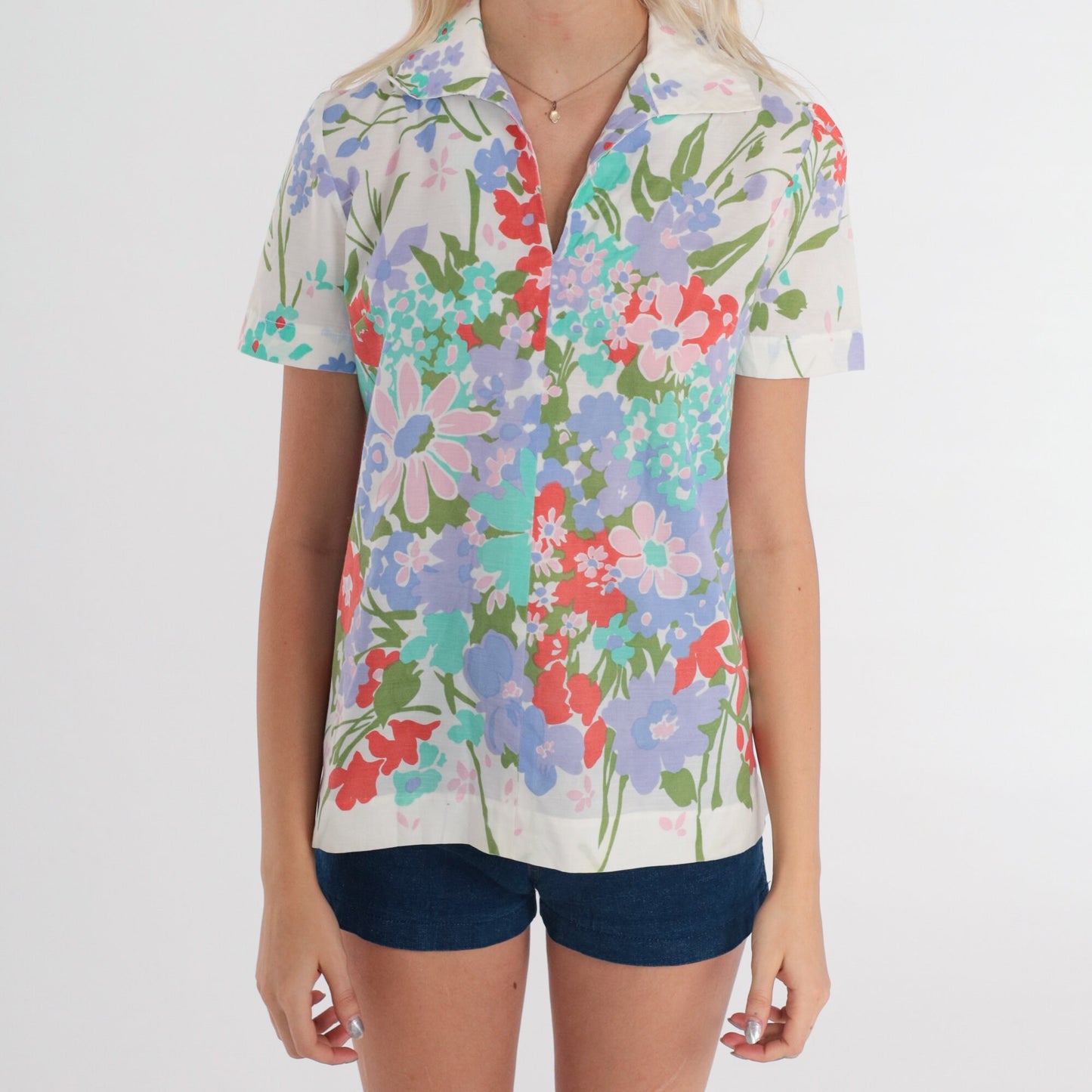 70s White Floral Puff Sleeve Blouse V Neck Tunic Extra Small XS