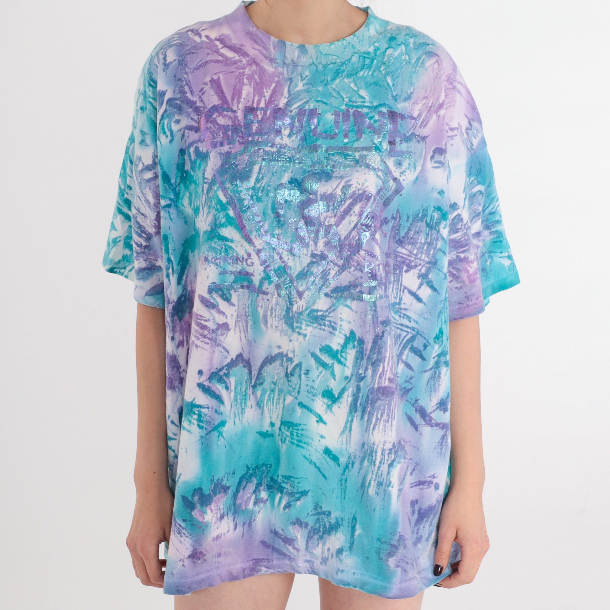 90s Genuine Tie Dye Graphic T-Shirt Blue White Purple Metallic Paint One Size