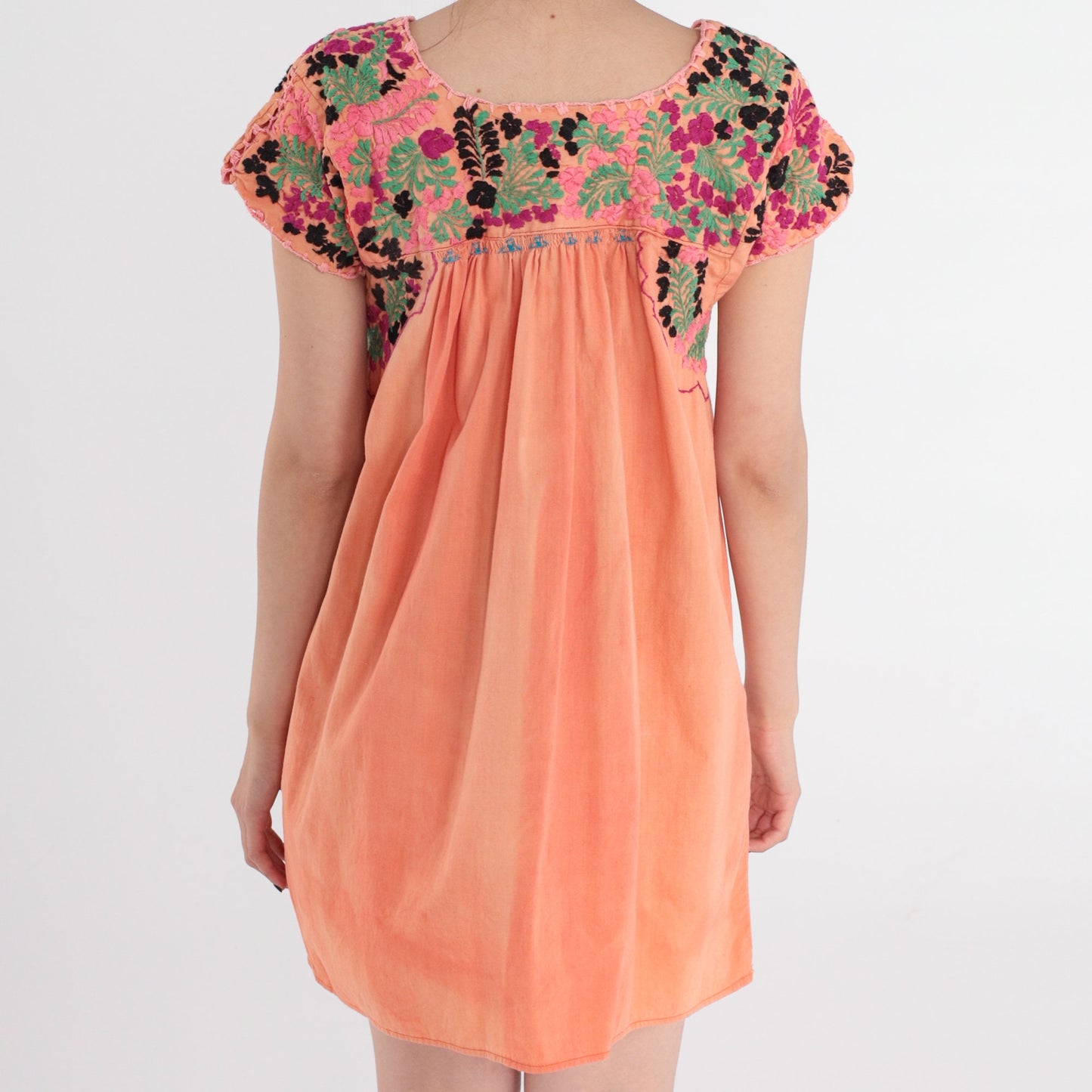 70s Oaxacan Floral Embroidered Mini Dress Orange Cotton Peasant Small