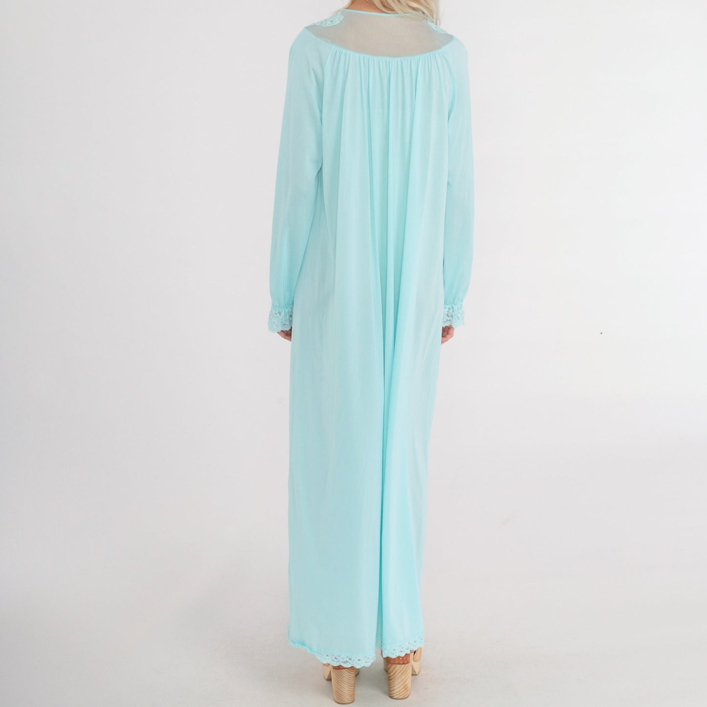 70s Blue Nylon Pajama Robe Maxi Lace Trim Button Front Bed Jacket Medium M