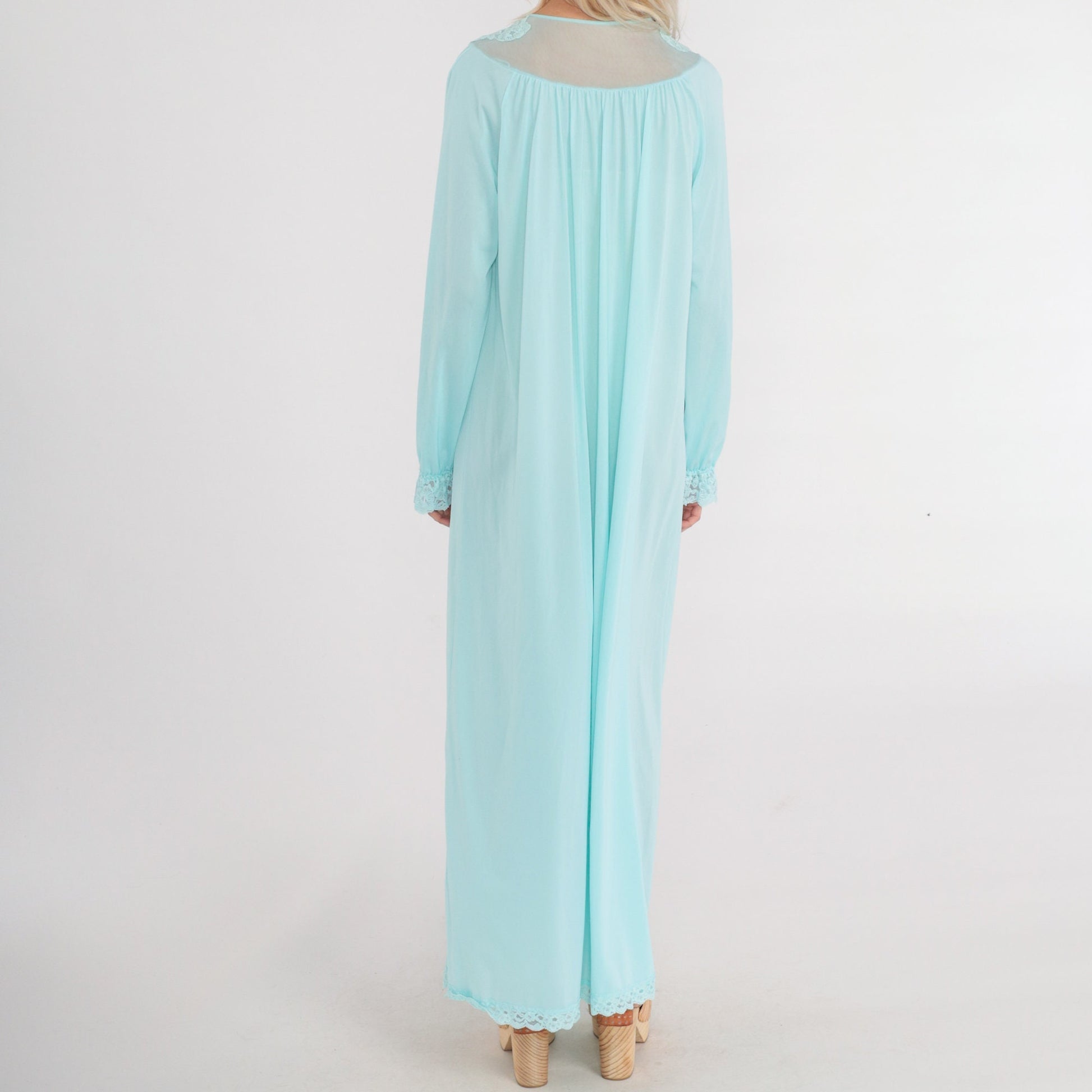 70s Blue Nylon Pajama Robe Maxi Lace Trim Button Front Bed Jacket Medium M
