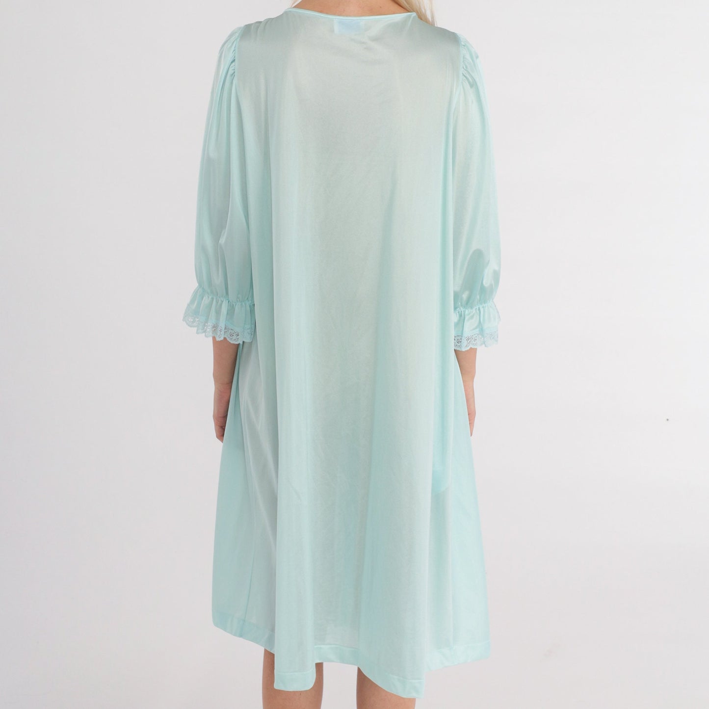70s Blue Floral Embroidered Nylon Pajama Dress Midi Nightgown Large L