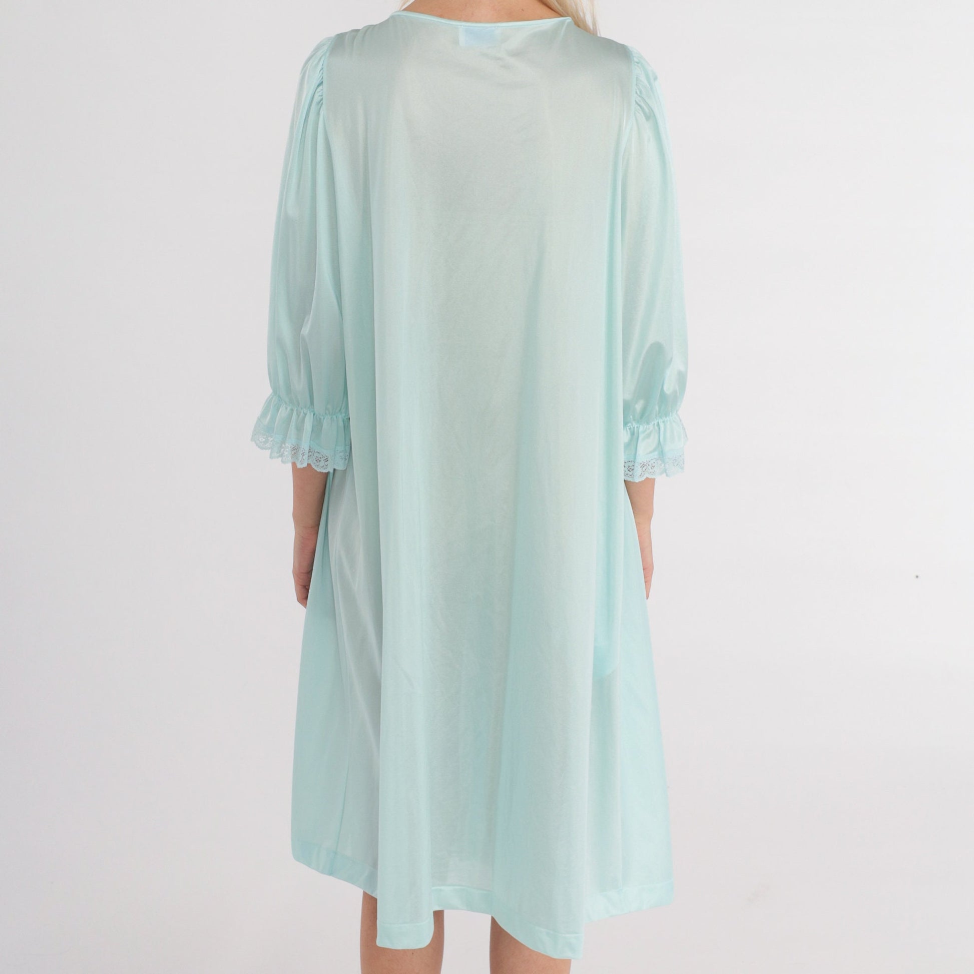 70s Blue Floral Embroidered Nylon Pajama Dress Midi Nightgown Large L