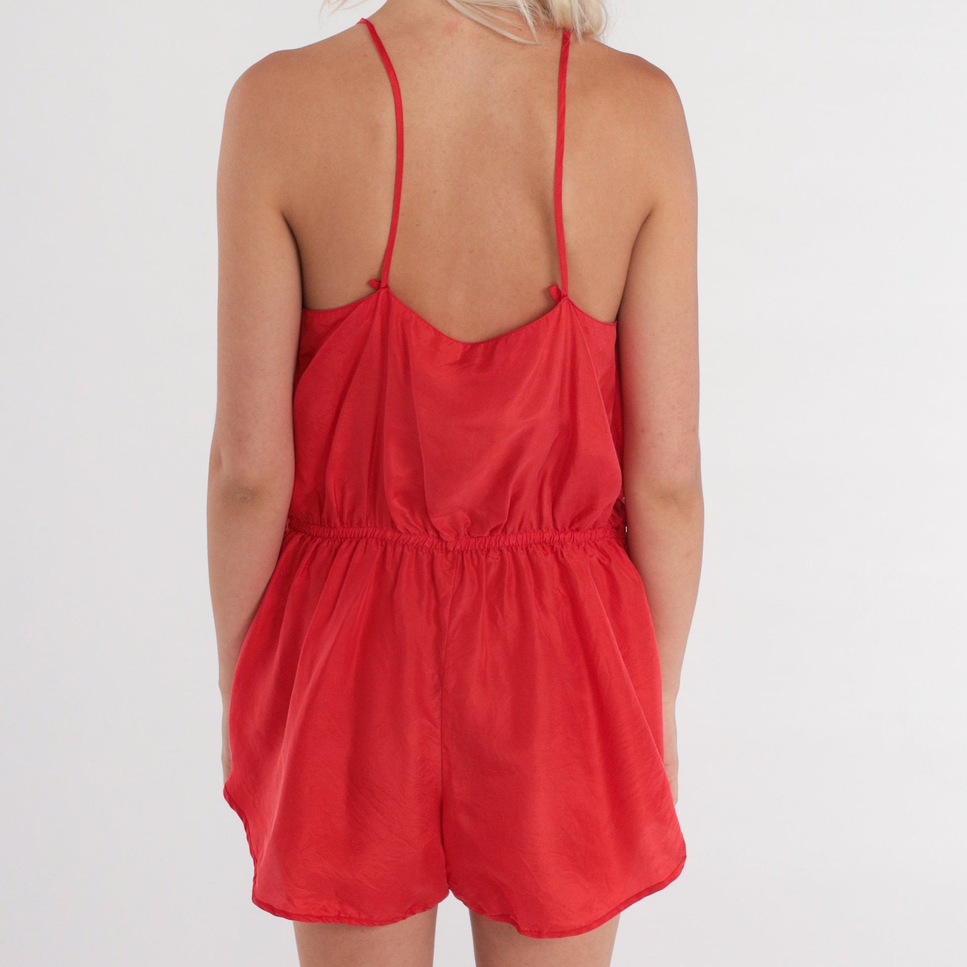 Y2K Red Silk Teddy Romper Spaghetti Strap Dolphin Shorts Medium M