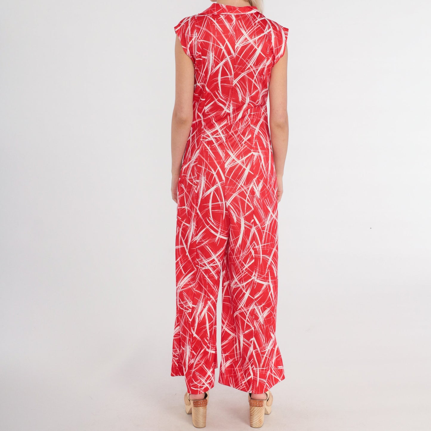 70s Red White Abstract Print Jumpsuit Wide Leg Sleeveless Zip Collar Medium