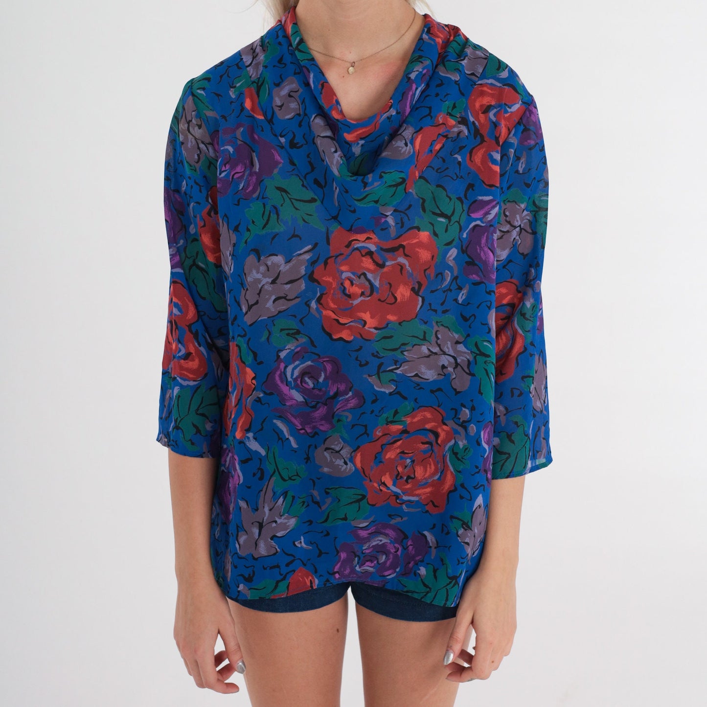 80s Floral Cowl Neck Blouse 3/4 Sleeve Blue Purple Red Small
