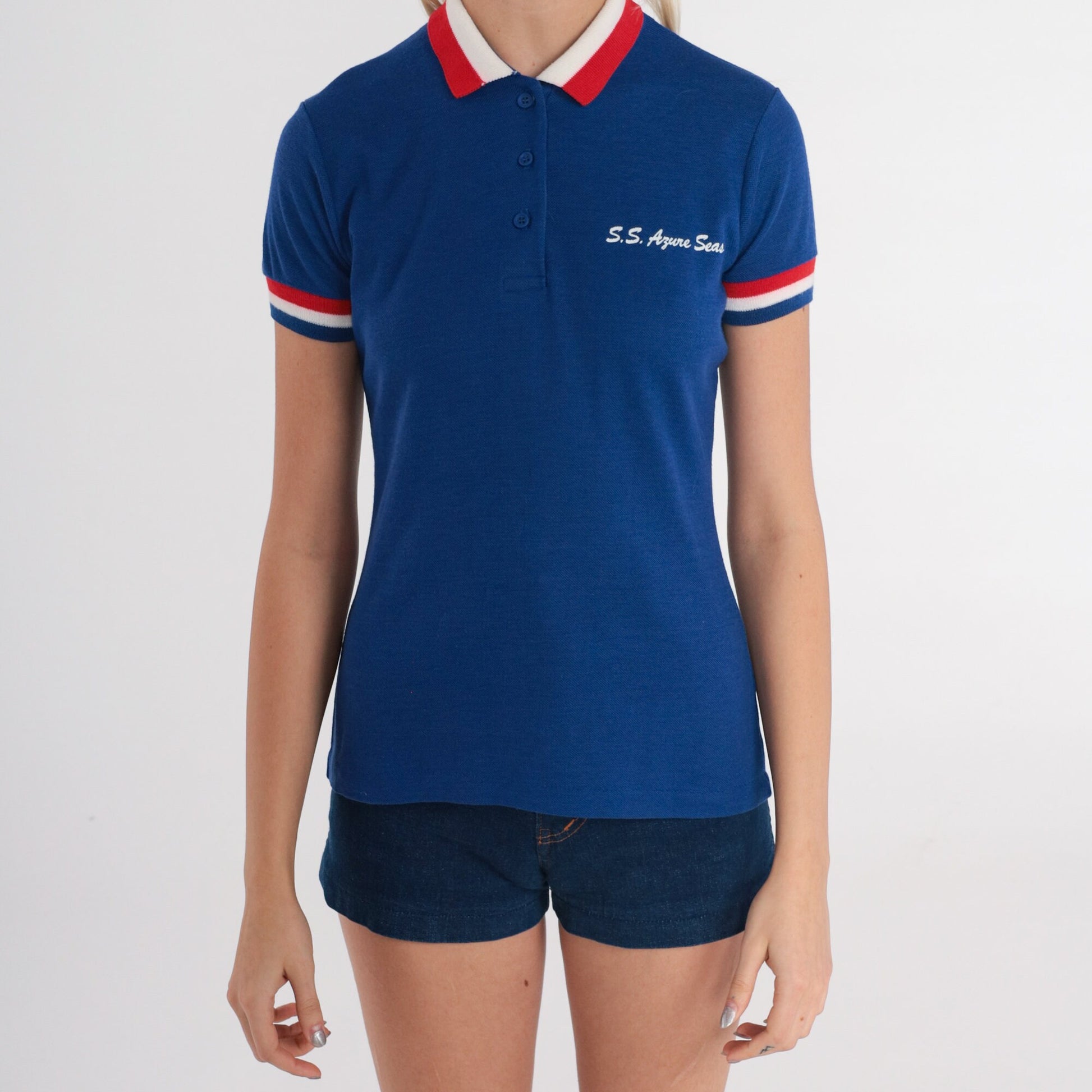 80s Blue Polo Shirt SS Azure Seas Striped Nautical Collared Small