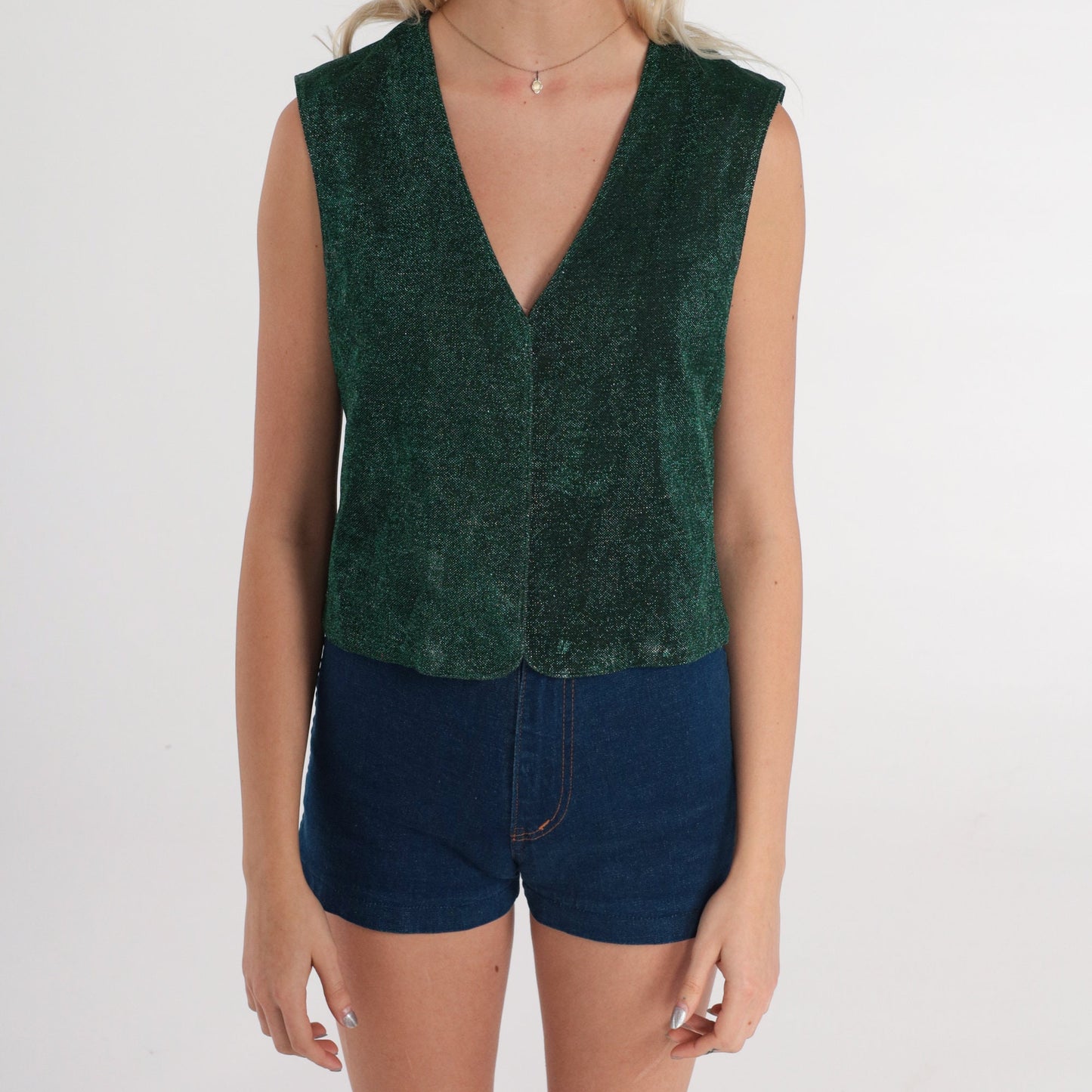 70s Green Metallic Vest Sleeveless Open Front Disco Festival Small