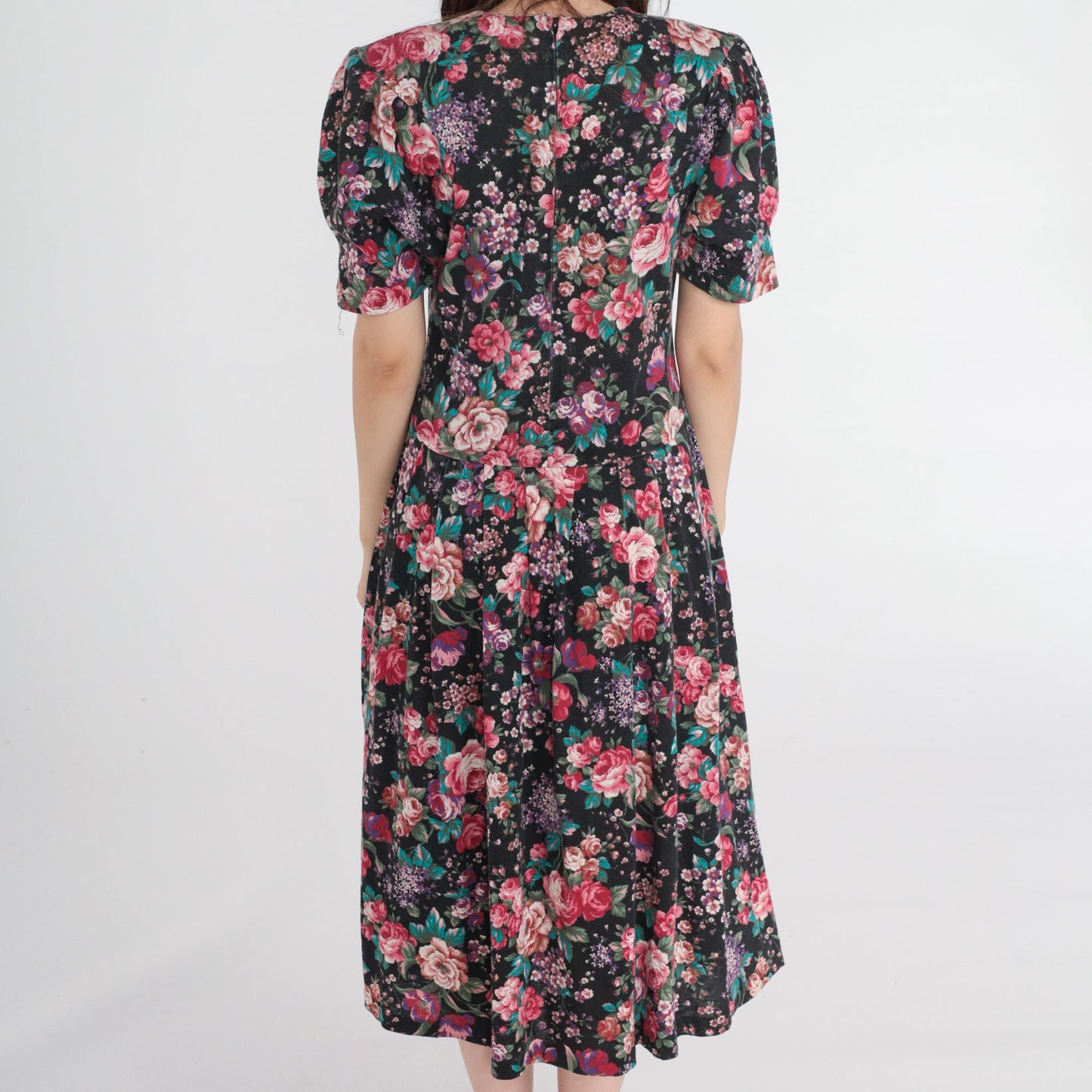 80s Forenza Floral Midi Dress Puff Sleeve Drop Waist Pink Extra Small