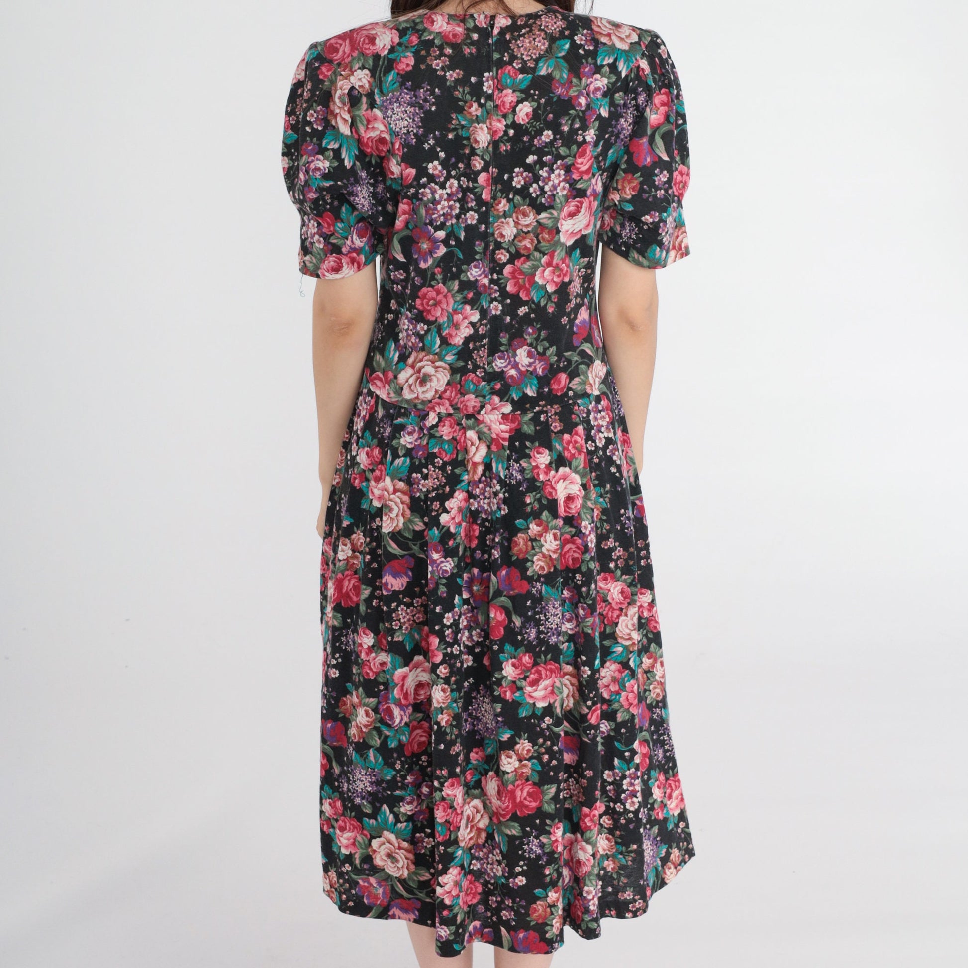 80s Forenza Floral Midi Dress Puff Sleeve Drop Waist Pink Extra Small
