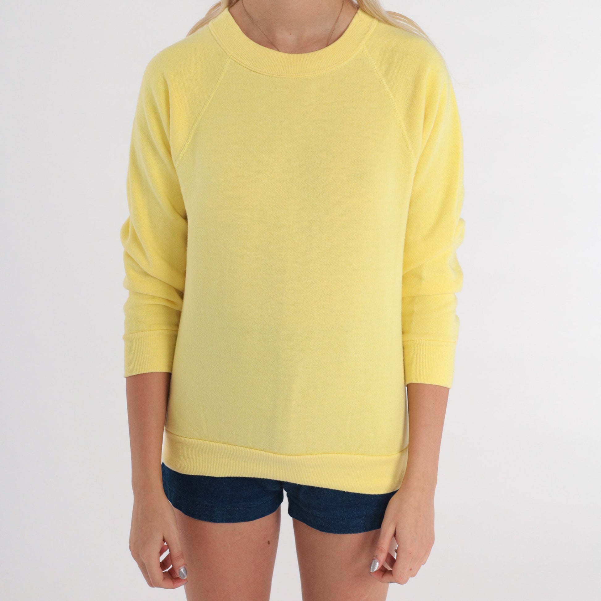 80s Yellow Crewneck Sweatshirt Raglan Sleeve Vintage Extra Small