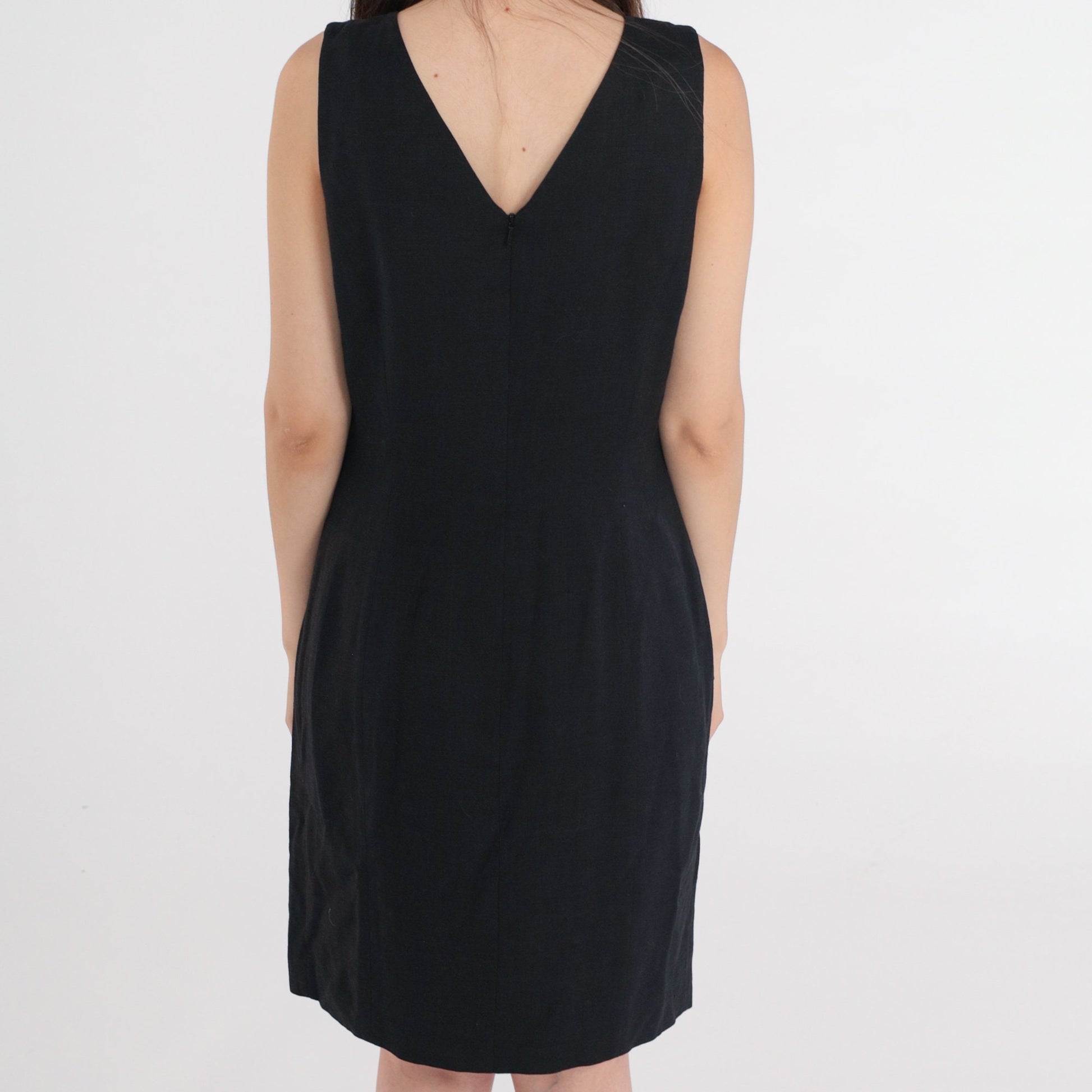 90s Black Mini Sheath Dress Sleeveless Round Neck Linen Rayon Medium M