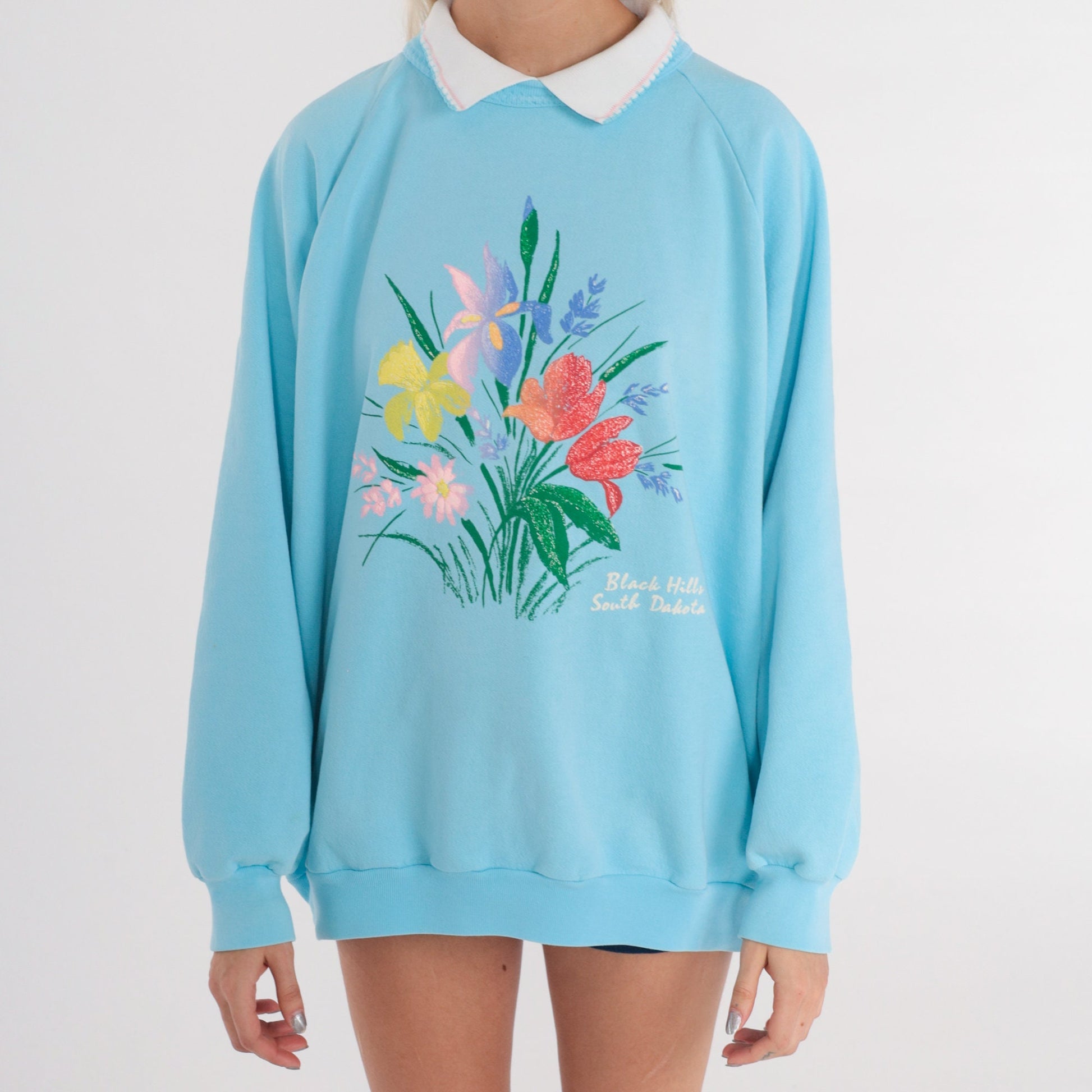 80s Black Hills South Dakota Floral Raglan Sweatshirt Baby Blue Collared Extra Large XXL
