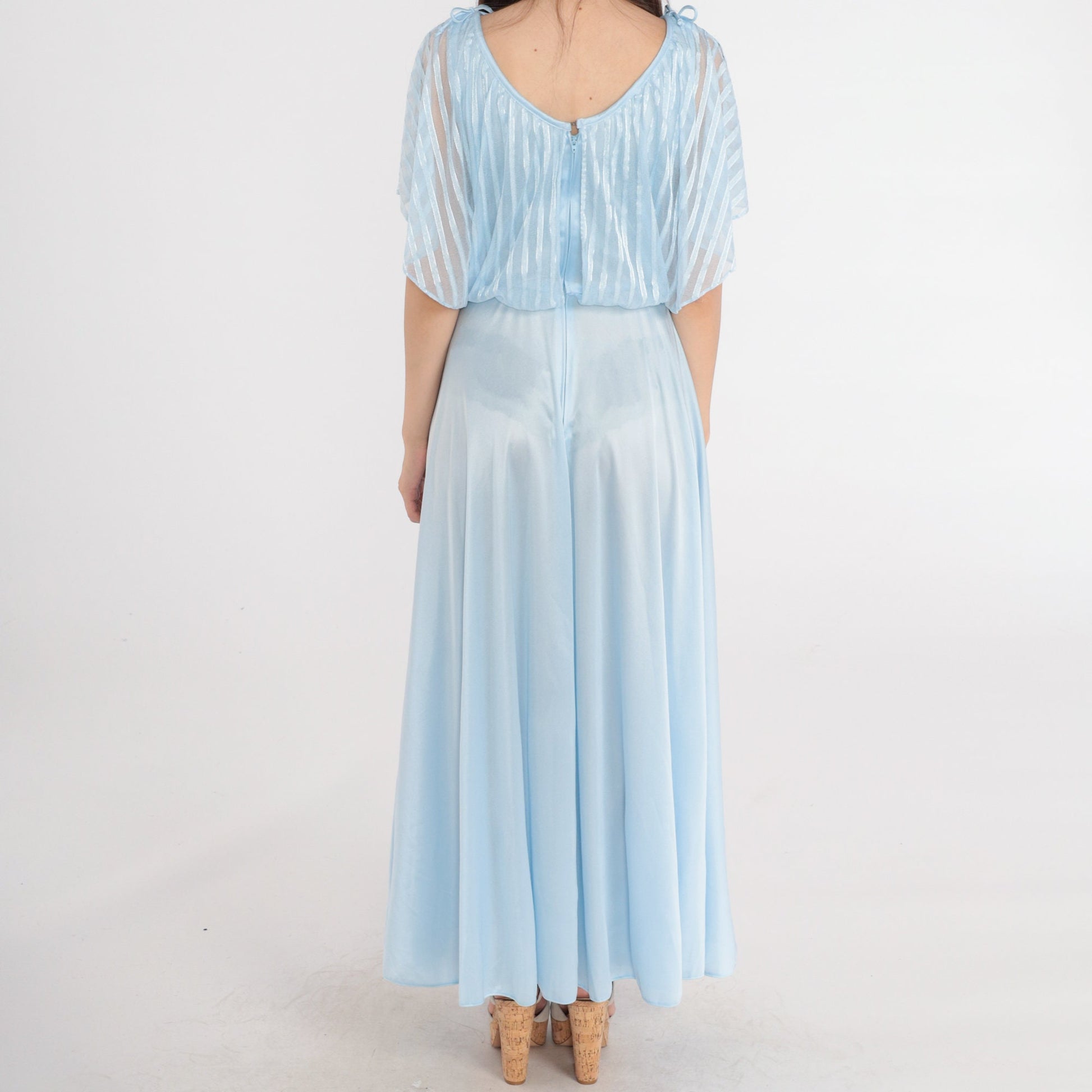 70s Baby Blue Maxi Dress Grecian High Waisted Flutter Sleeve Small