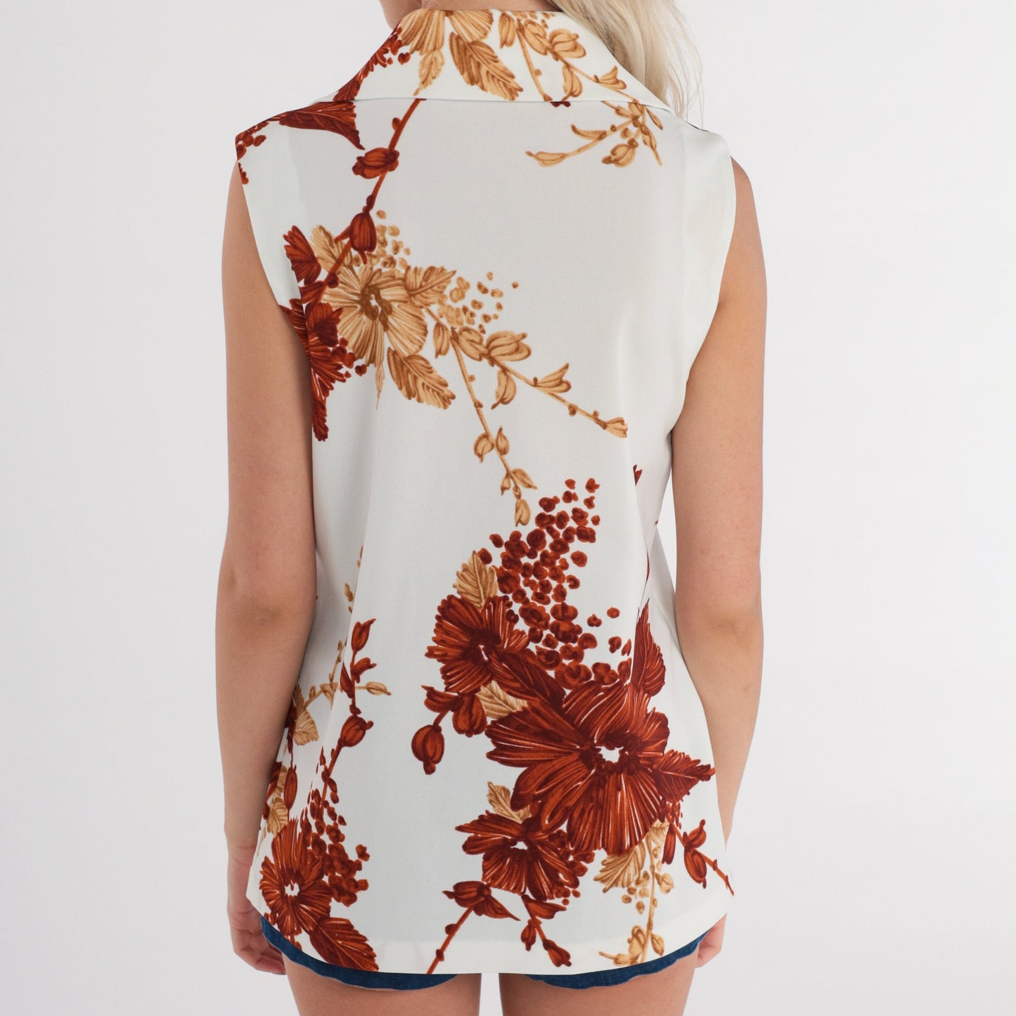70s Floral Tank Top White Brown Front Zip Sleeveless Blouse Small