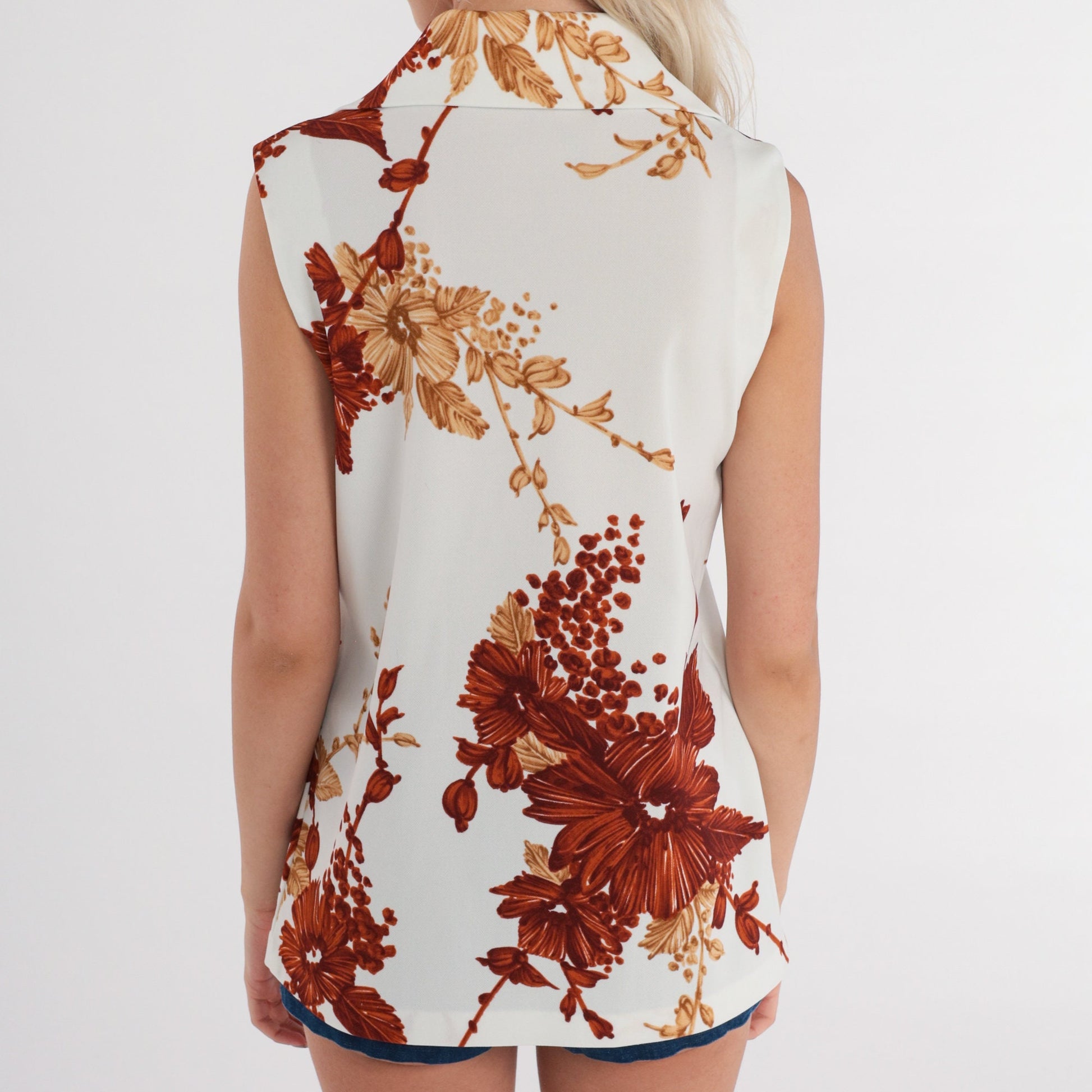 70s Floral Tank Top White Brown Front Zip Sleeveless Blouse Small