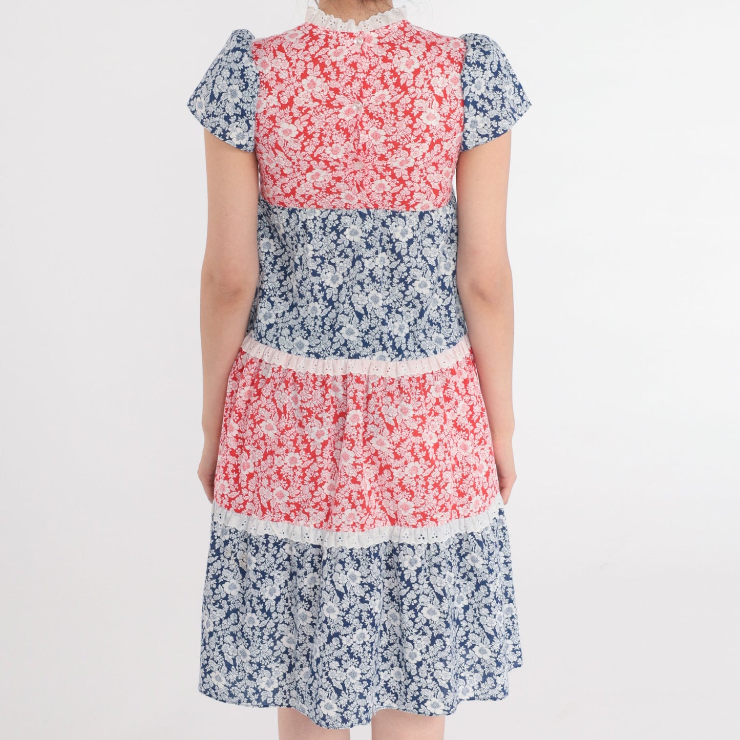 70s Floral Tiered Mini Dress Puff Sleeve White Eyelet Lace-Up Red Blue Petite XXS